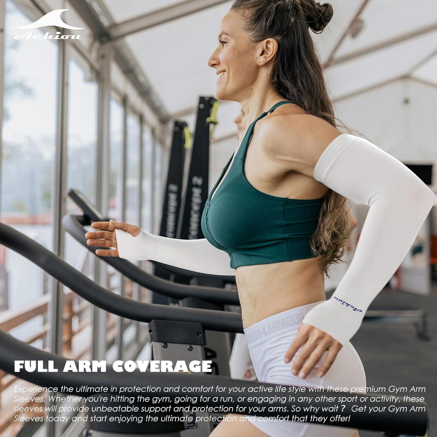 imageAchiou Arm Sun Sleeves Compression UV Protection Cooling for Men Women Summer Sunblock Basketball Football Cover Arms Tattoo2 Pairs White