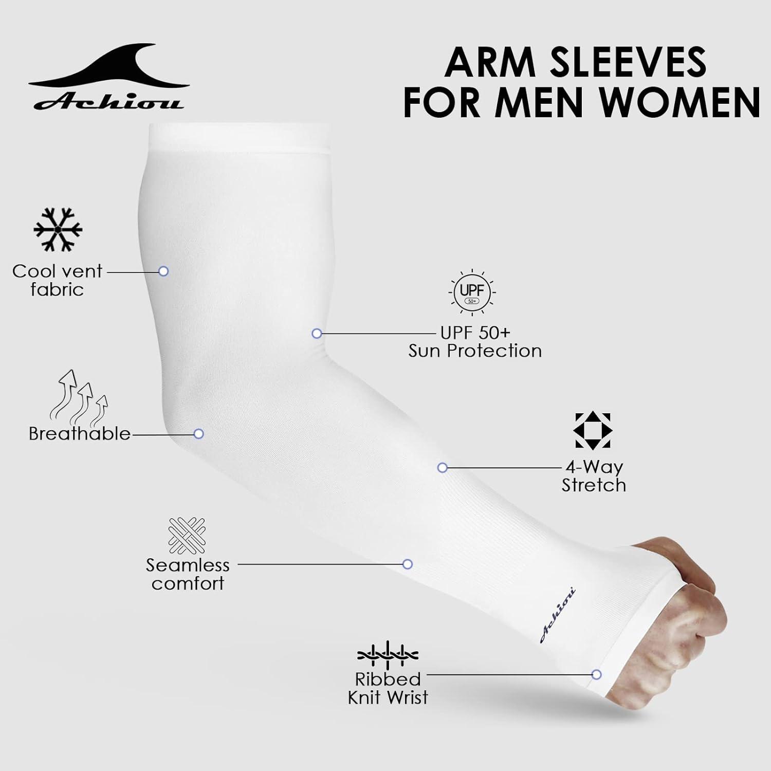 imageAchiou Arm Sun Sleeves Compression UV Protection Cooling for Men Women Summer Sunblock Basketball Football Cover Arms Tattoo3 Pairs White