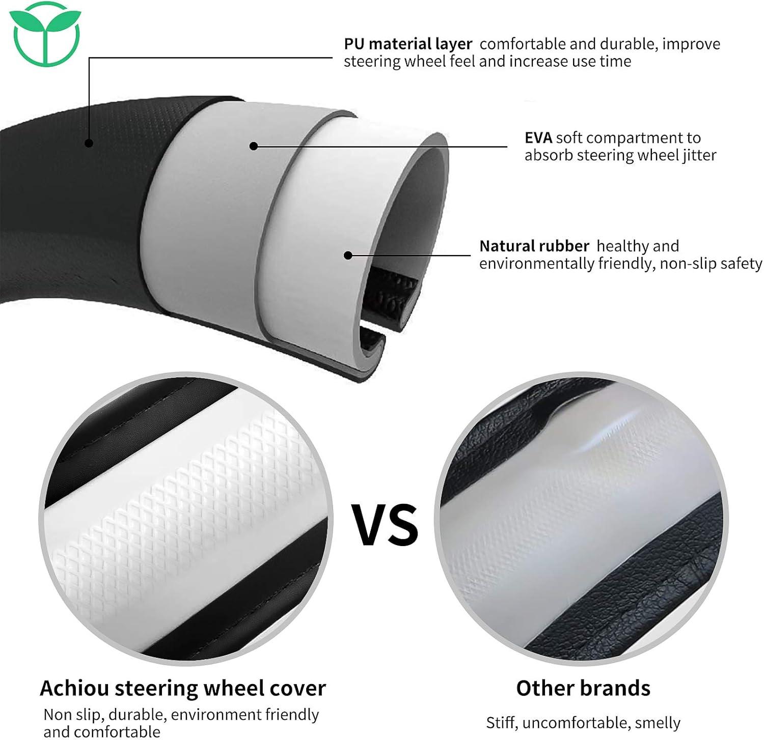 imageAchiou Blue Car Steering Wheel Cover Universal 15 inch with Grip Contours Leather Auto for Men and Women NonSlip Breathable Soft and ComfortableBlack Black