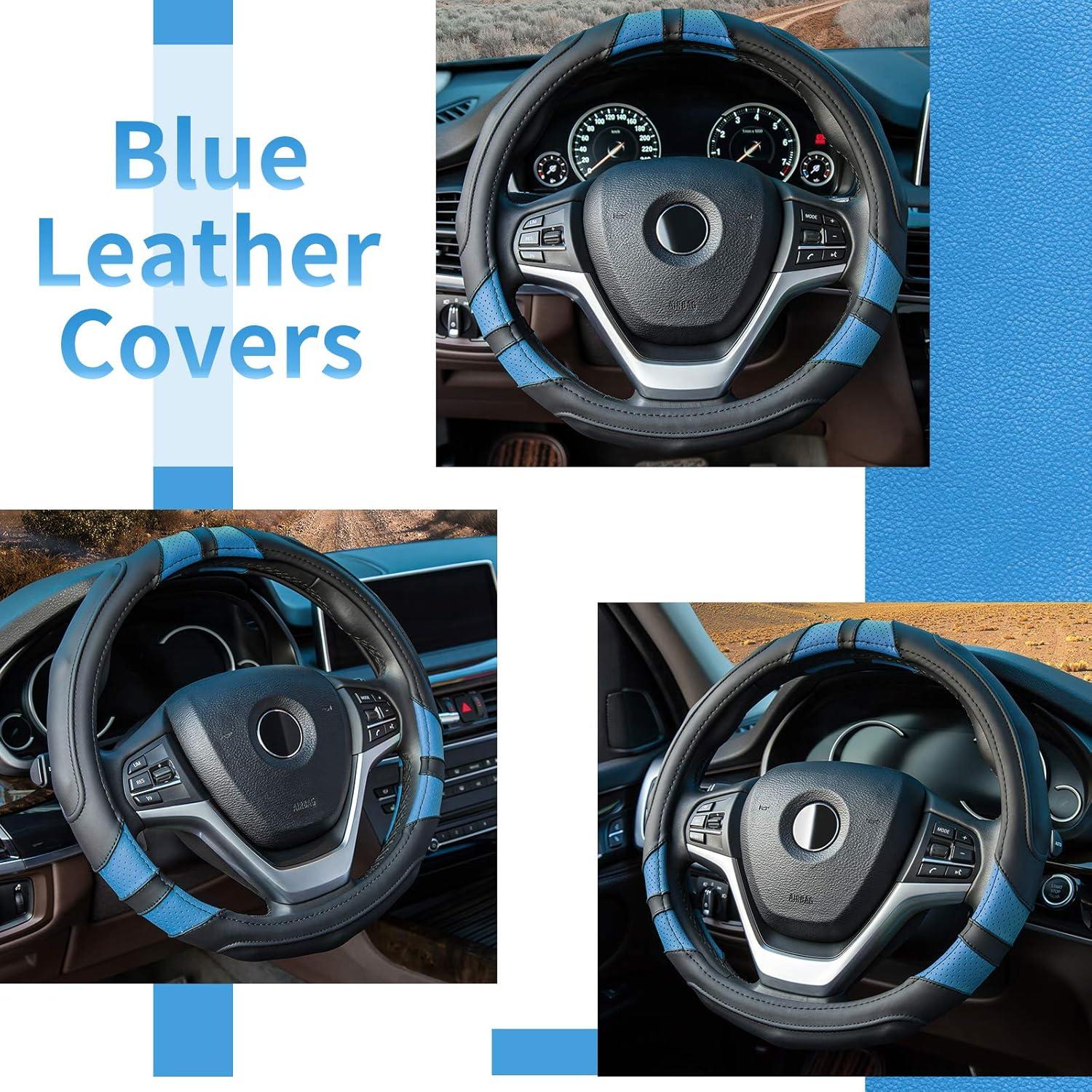 imageAchiou Blue Car Steering Wheel Cover Universal 15 inch with Grip Contours Leather Auto for Men and Women NonSlip Breathable Soft and ComfortableBlack Blue