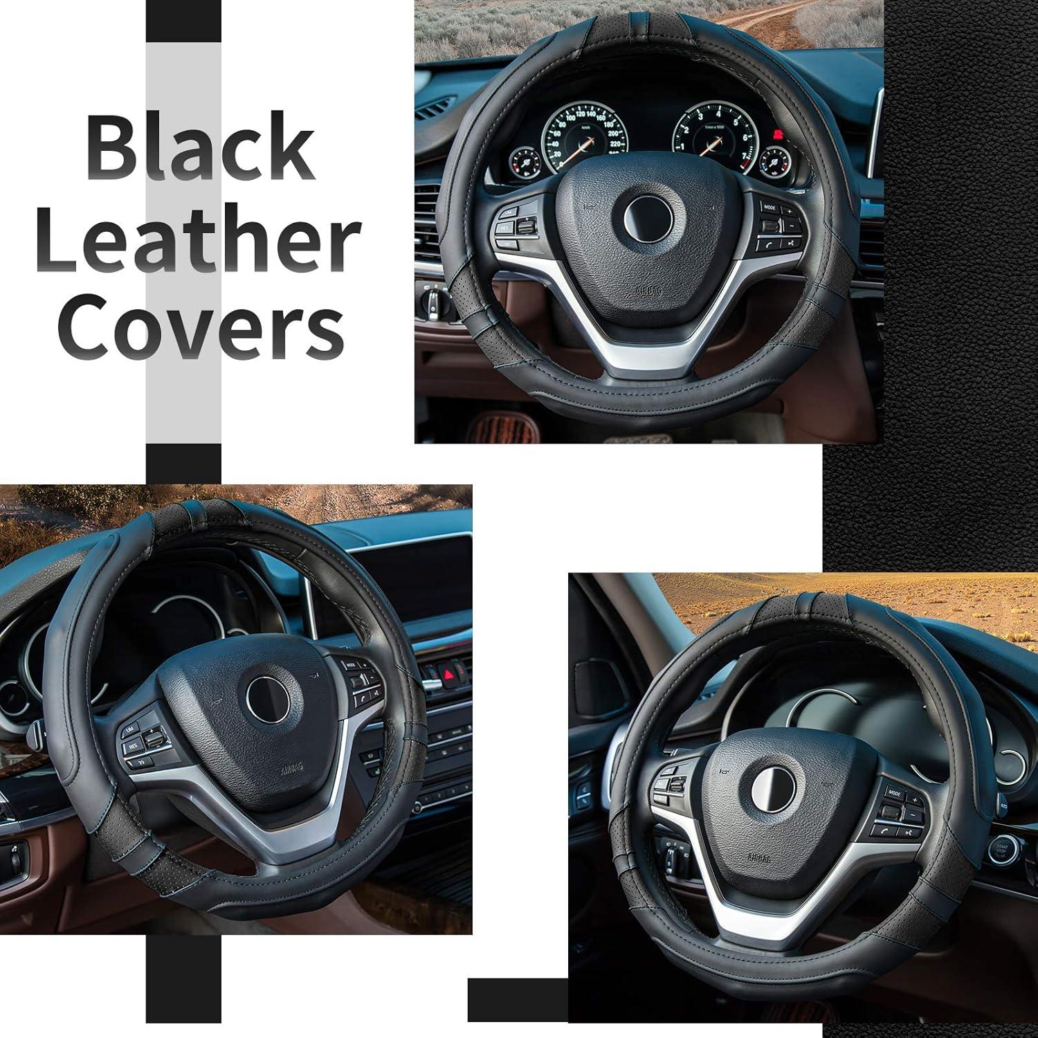 imageAchiou Blue Car Steering Wheel Cover Universal 15 inch with Grip Contours Leather Auto for Men and Women NonSlip Breathable Soft and ComfortableBlack Black