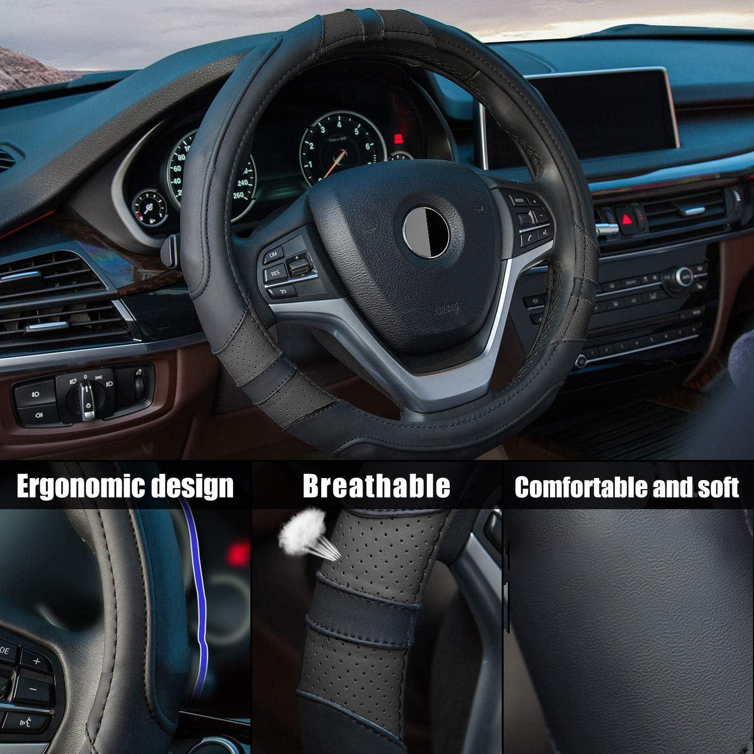 imageAchiou Blue Car Steering Wheel Cover Universal 15 inch with Grip Contours Leather Auto for Men and Women NonSlip Breathable Soft and ComfortableBlack Black