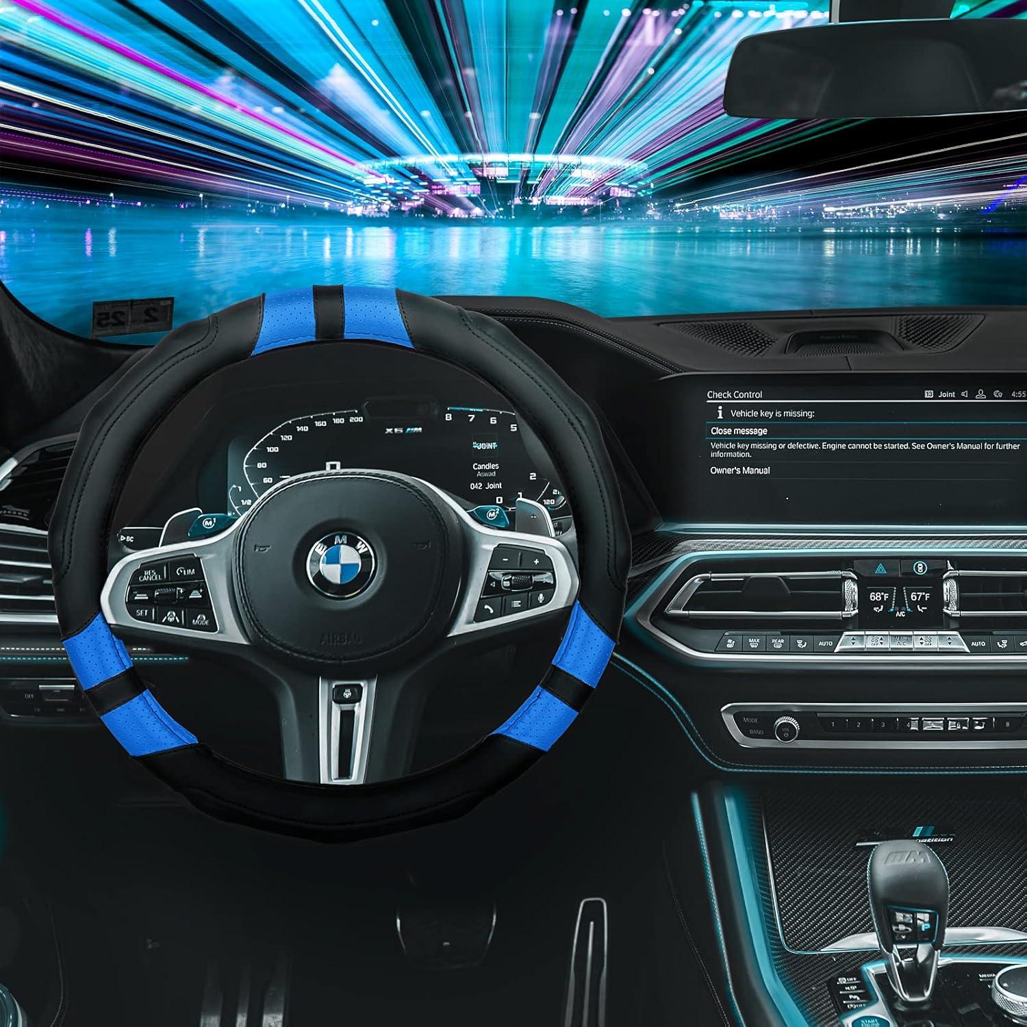 imageAchiou Blue Car Steering Wheel Cover Universal 15 inch with Grip Contours Leather Auto for Men and Women NonSlip Breathable Soft and ComfortableBlack Blue