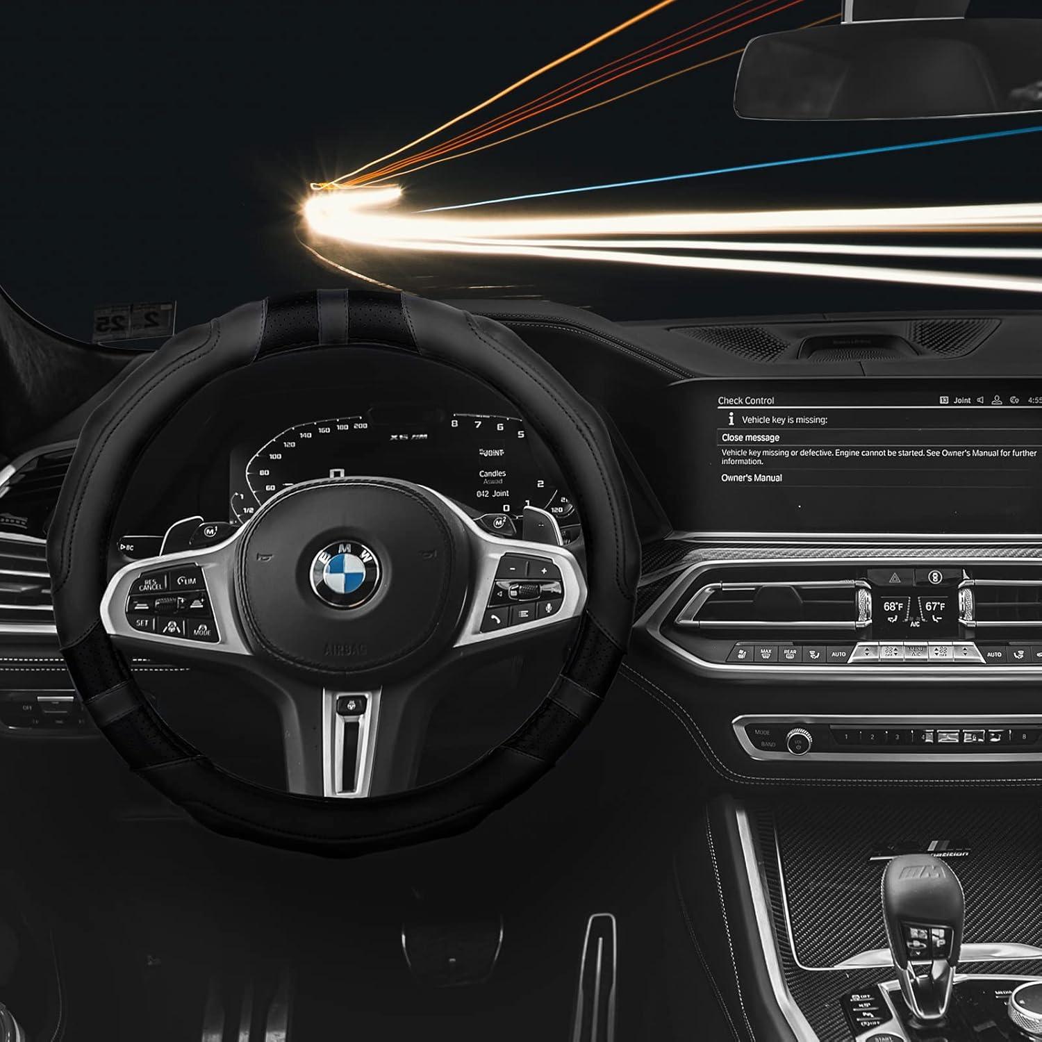 imageAchiou Blue Car Steering Wheel Cover Universal 15 inch with Grip Contours Leather Auto for Men and Women NonSlip Breathable Soft and ComfortableBlack Black