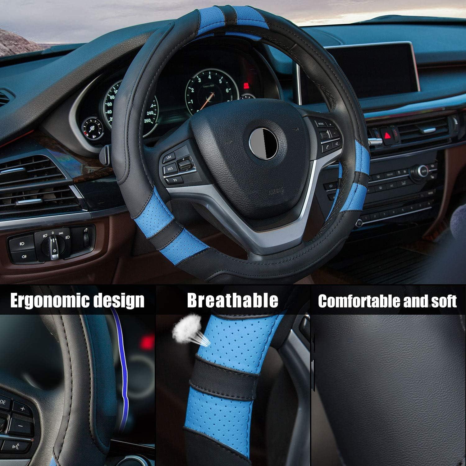 imageAchiou Blue Car Steering Wheel Cover Universal 15 inch with Grip Contours Leather Auto for Men and Women NonSlip Breathable Soft and ComfortableBlack Blue