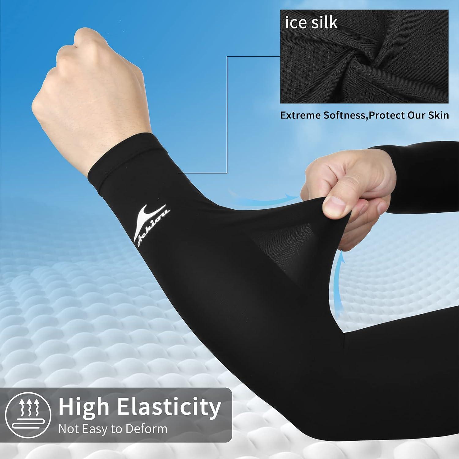 imageAchiou Cooling Ice Silk Arm Sleeves Summer UV Sun Protection Compression Sleeves UPF 50 for Women Volleyball Youth Sports2 Pairs 1 Pair Black 1 Pair White