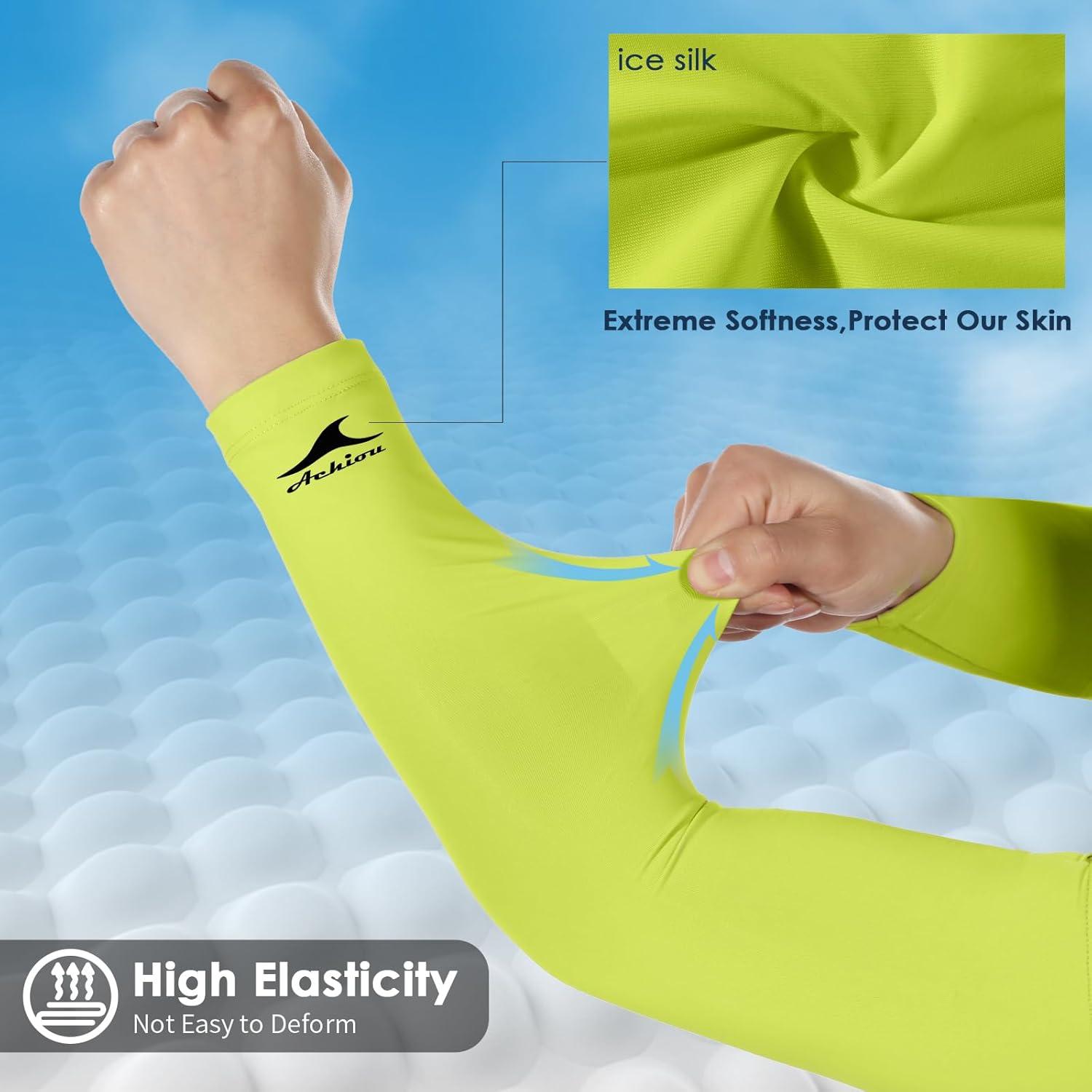 imageAchiou Cooling Ice Silk Arm Sleeves Summer UV Sun Protection Compression Sleeves UPF 50 for Women Volleyball Youth Sports2 Pairs 1pair Black 1 Pair Fluorescent Yellow