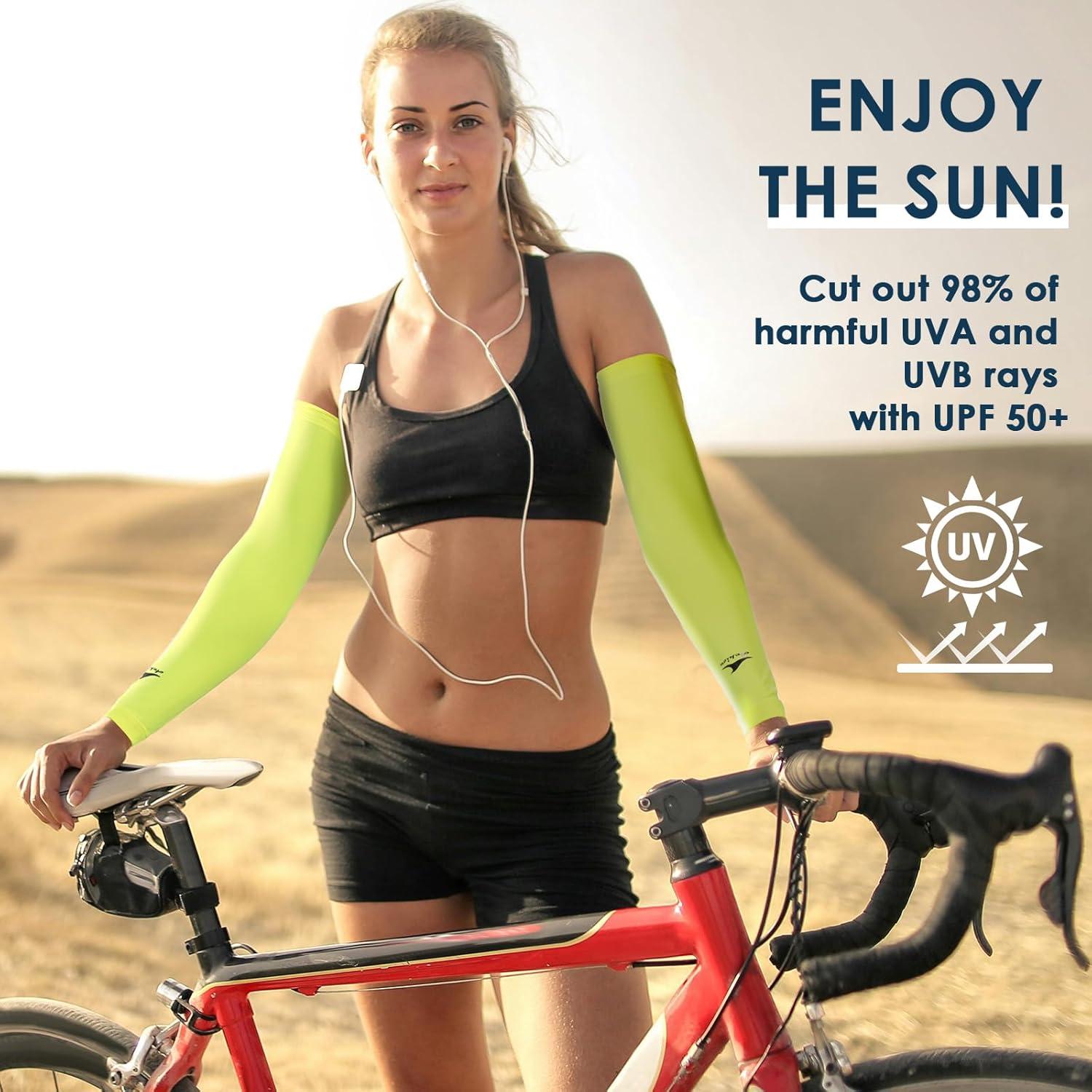 imageAchiou Cooling Ice Silk Arm Sleeves Summer UV Sun Protection Compression Sleeves UPF 50 for Women Volleyball Youth Sports2 Pairs 1pair Black 1 Pair Fluorescent Yellow