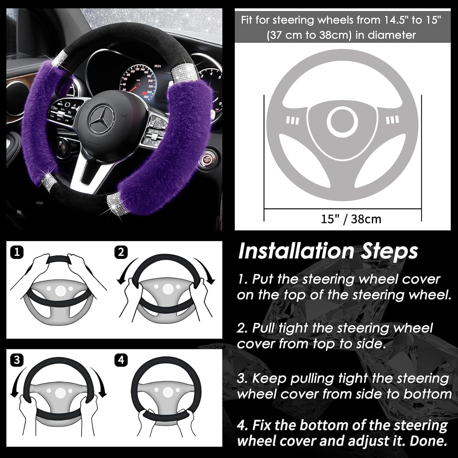 imageAchiou Rhinestone Fluffy Steering Wheel Cover Comfortable NonSlip Luxury Faux Wool Universal Fit for 145quot to 15quot Steering WheelsBlack and Purple