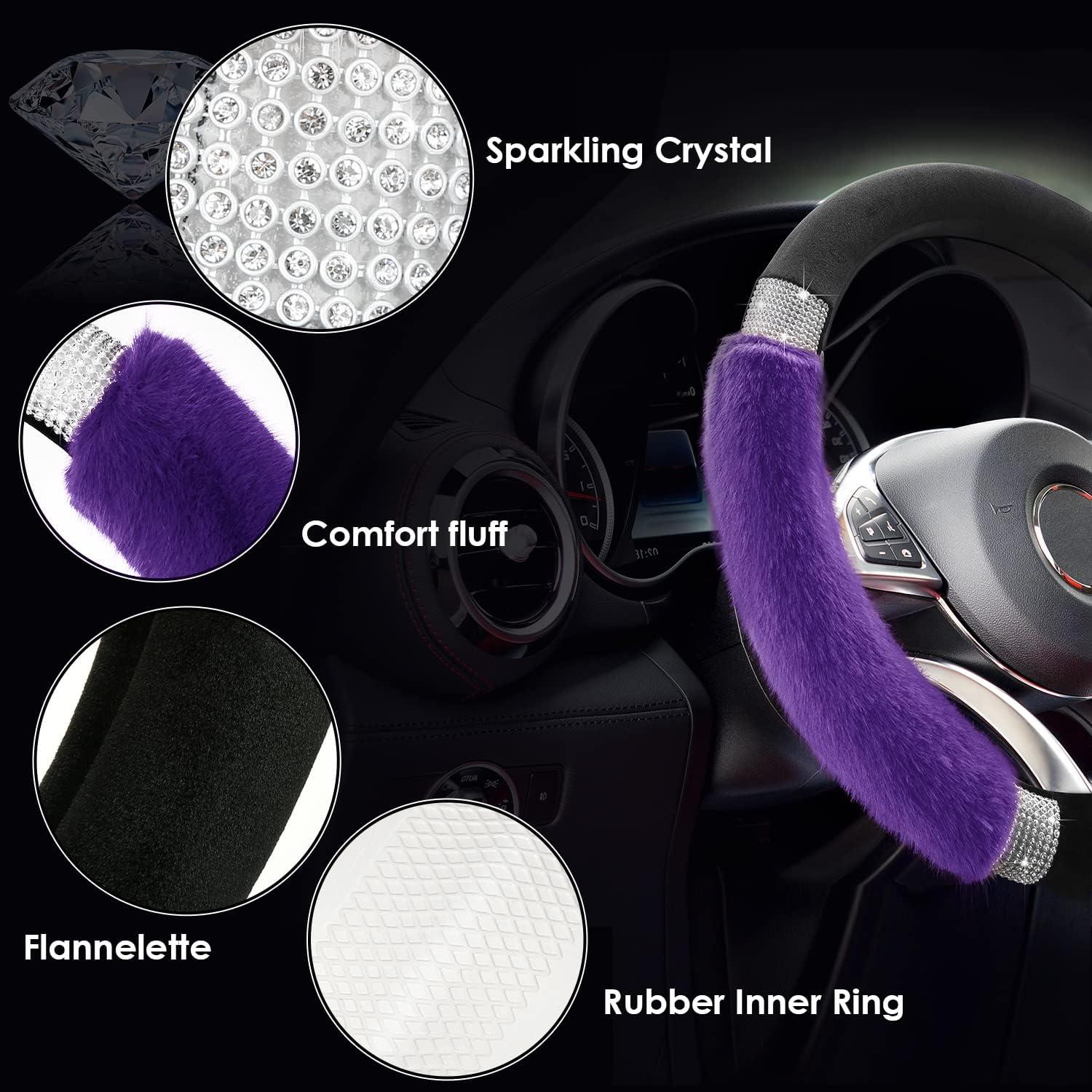 imageAchiou Rhinestone Fluffy Steering Wheel Cover Comfortable NonSlip Luxury Faux Wool Universal Fit for 145quot to 15quot Steering WheelsBlack and Purple