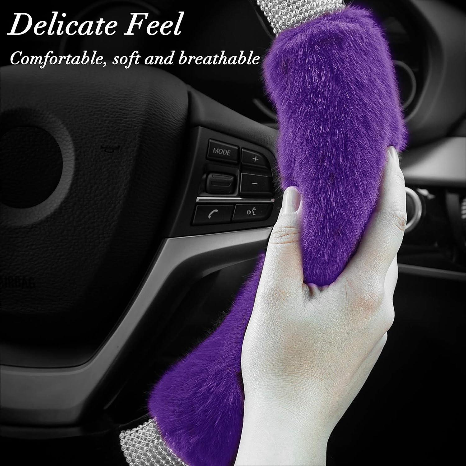 imageAchiou Rhinestone Fluffy Steering Wheel Cover Comfortable NonSlip Luxury Faux Wool Universal Fit for 145quot to 15quot Steering WheelsBlack and Purple