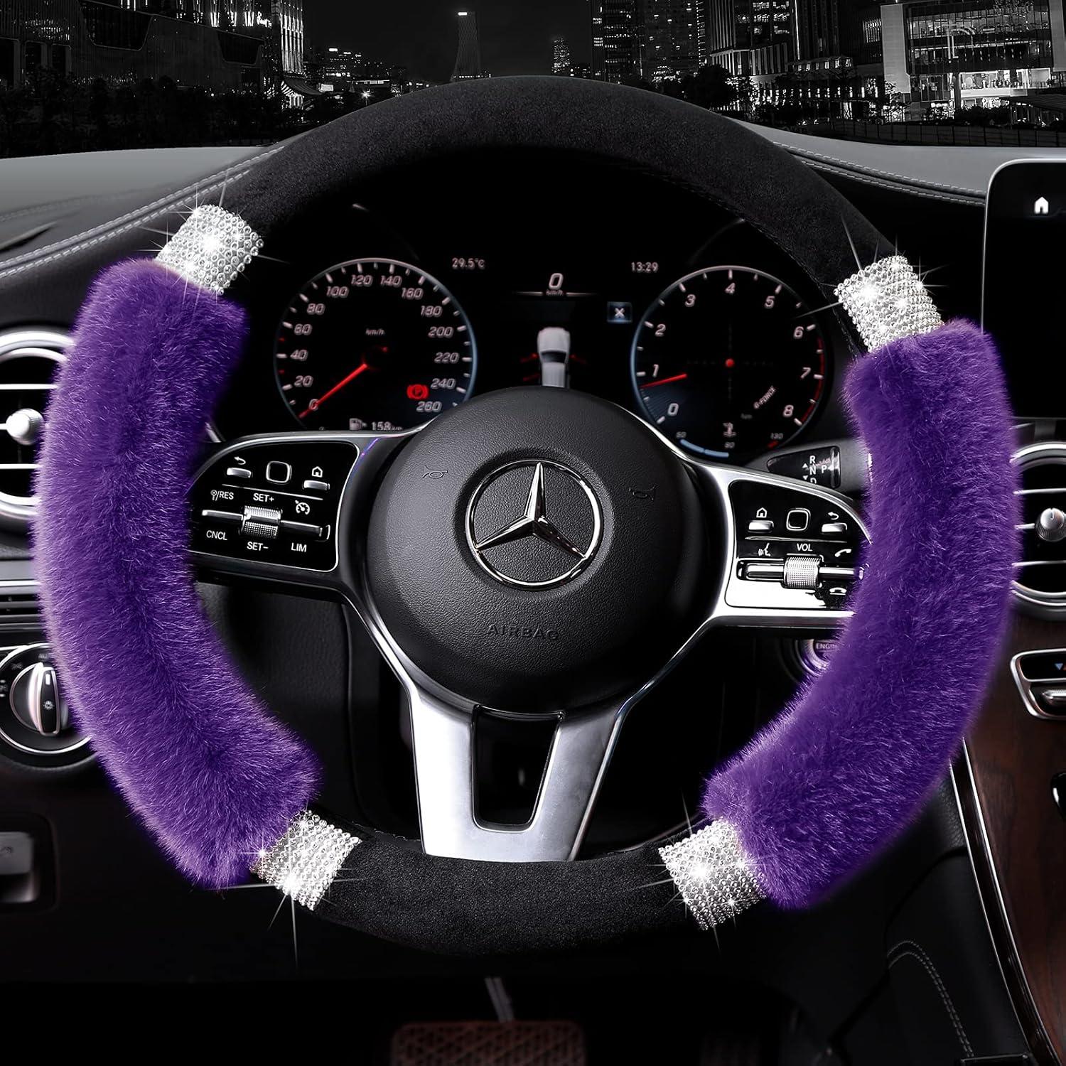 imageAchiou Rhinestone Fluffy Steering Wheel Cover Comfortable NonSlip Luxury Faux Wool Universal Fit for 145quot to 15quot Steering WheelsBlack and Purple