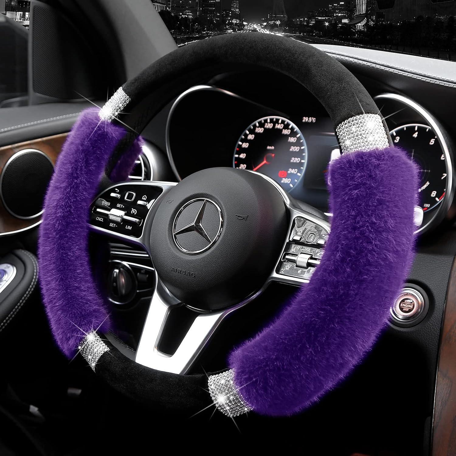 imageAchiou Rhinestone Fluffy Steering Wheel Cover Comfortable NonSlip Luxury Faux Wool Universal Fit for 145quot to 15quot Steering WheelsBlack and Purple