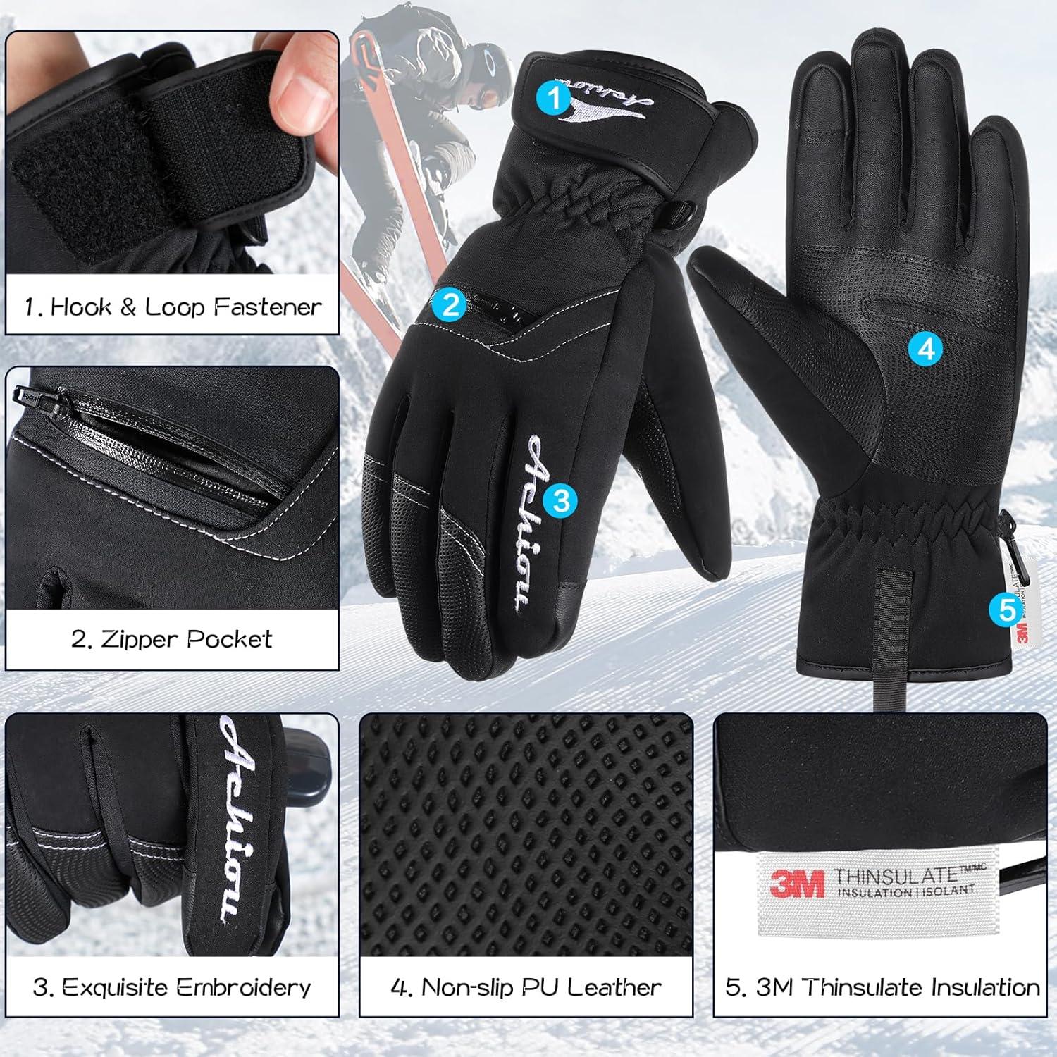 imageAchiou Ski Snow Gloves Winter Warm 3M Thinsulate Waterproof Touchscreen Men WomenNew Black
