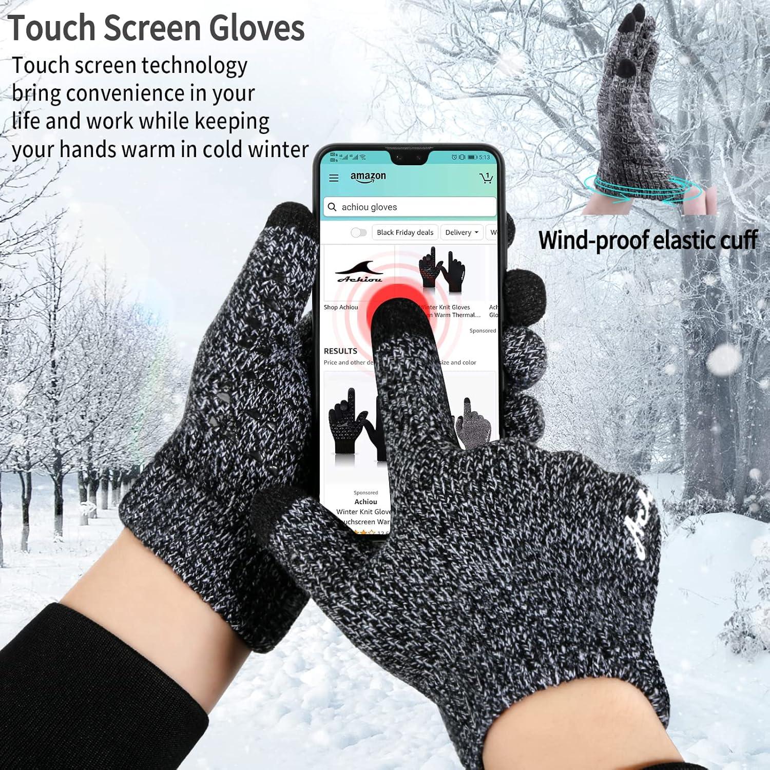 imageAchiou Winter Gloves for Men Women Touch Screen Gloves Upgraded Thicken AntiSlip Silicone Gel Thermal Soft Knit LiningBlack White Thick