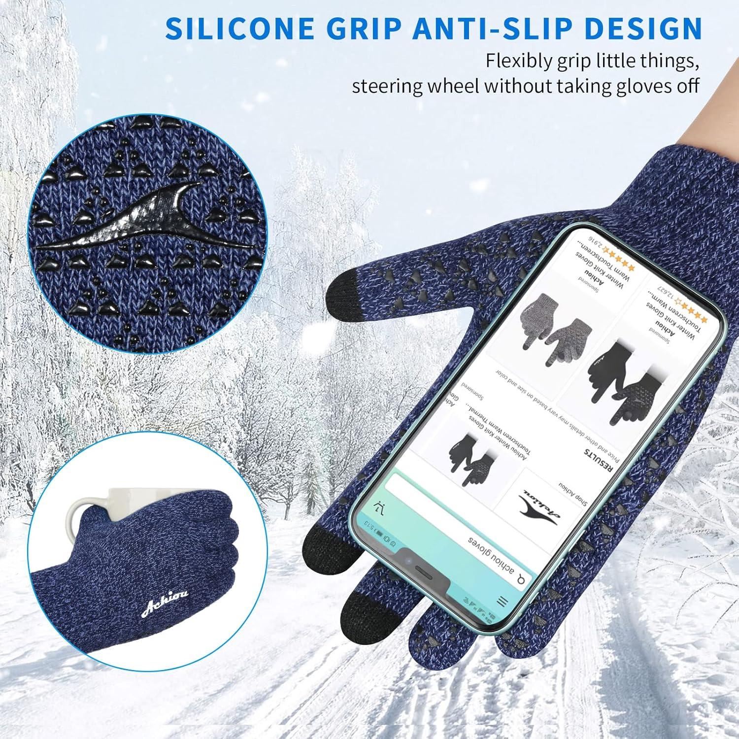 imageAchiou Winter Gloves for Men Women Touch Screen Gloves Upgraded Thicken AntiSlip Silicone Gel Thermal Soft Knit LiningBlue Thick