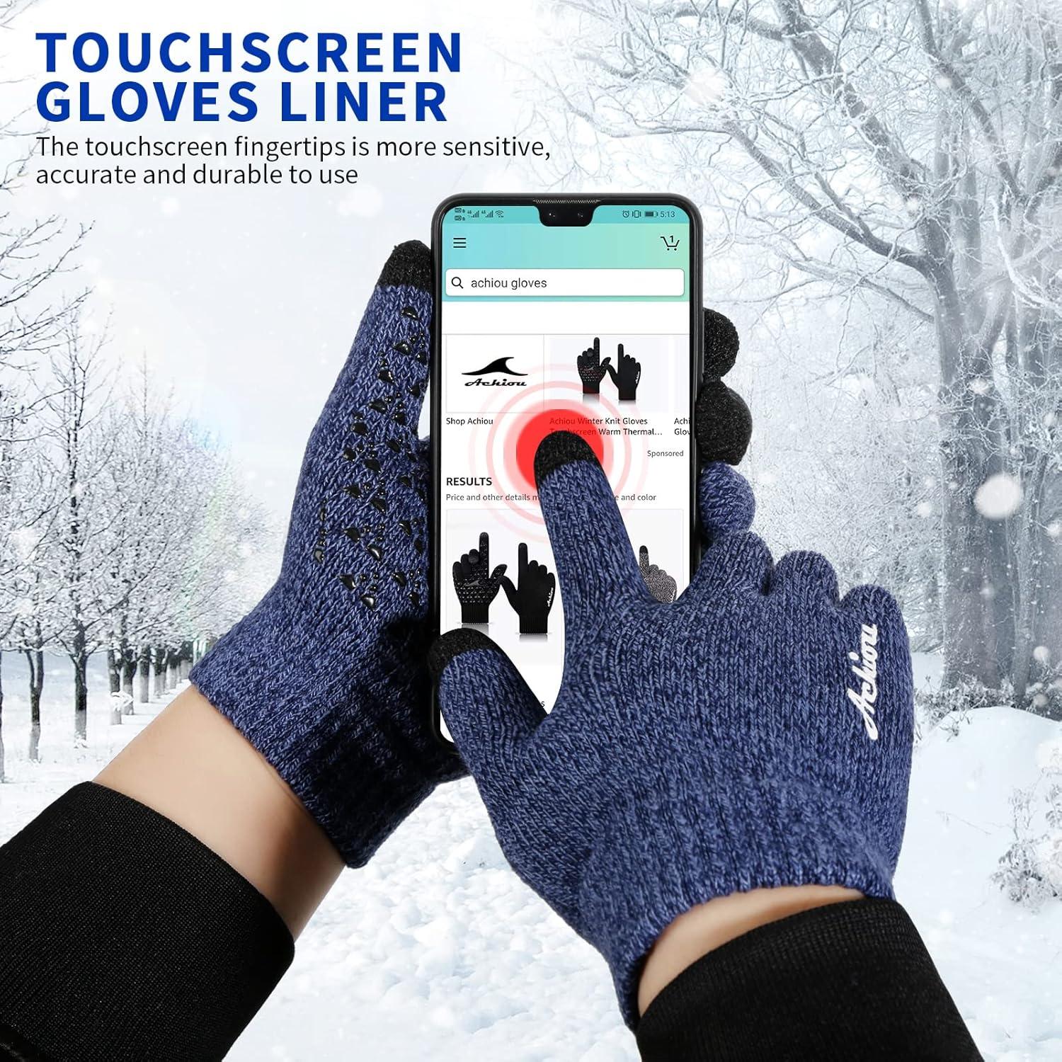 imageAchiou Winter Gloves for Men Women Touch Screen Gloves Upgraded Thicken AntiSlip Silicone Gel Thermal Soft Knit LiningBlue Thick