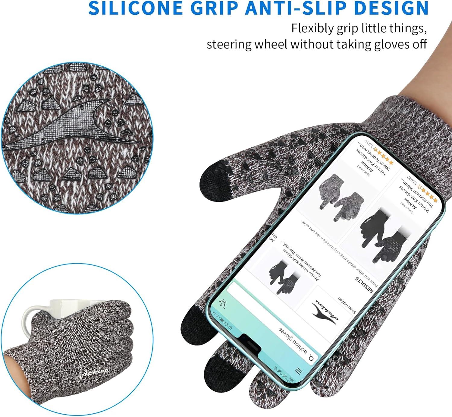 imageAchiou Winter Gloves for Men Women Touch Screen Gloves Upgraded Thicken AntiSlip Silicone Gel Thermal Soft Knit LiningCoffee White