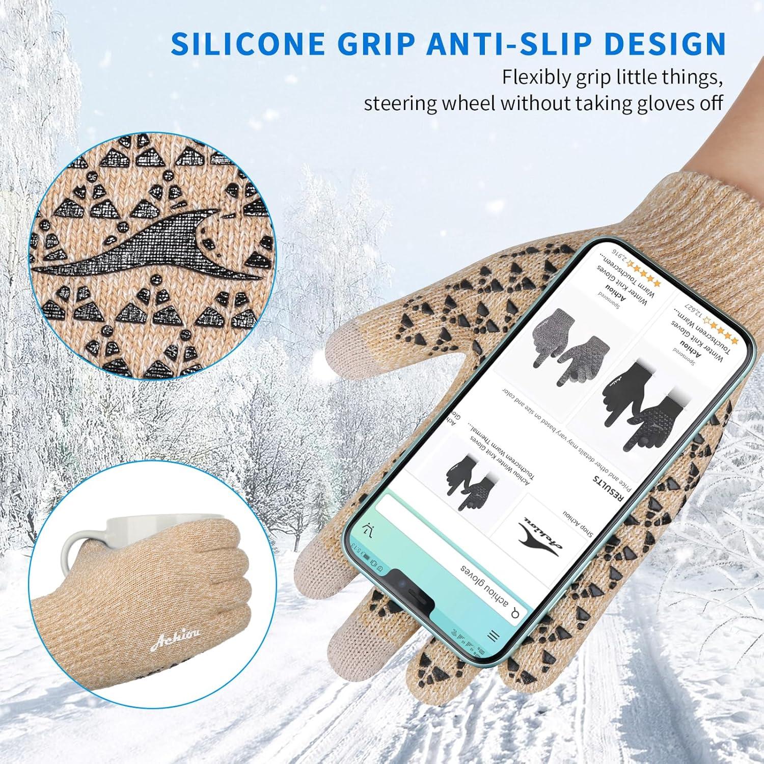 imageAchiou Winter Gloves for Men Women Touch Screen Gloves Upgraded Thicken AntiSlip Silicone Gel Thermal Soft Knit LiningWhite Khaki