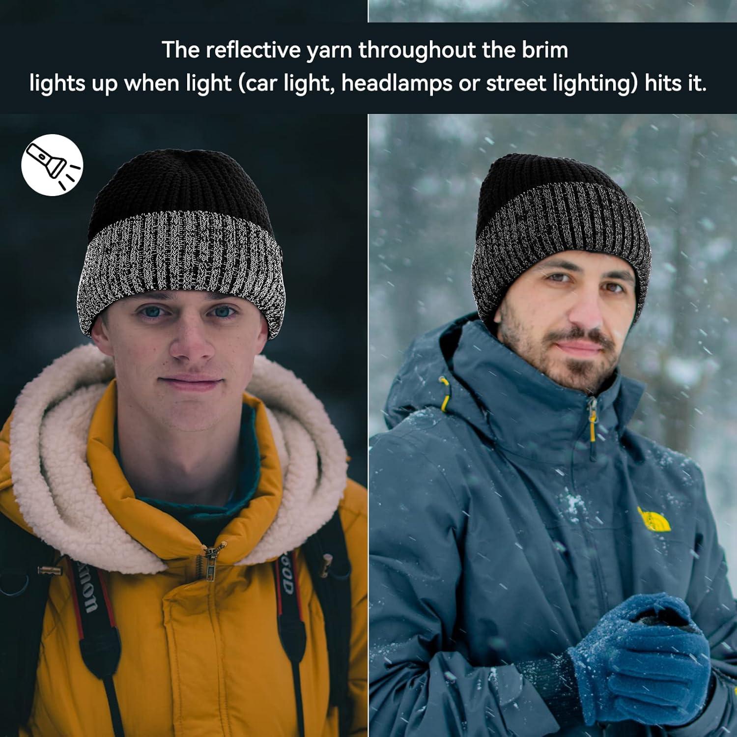 imageAchiou Winter Reflective Beanie Hat for Men Women Warm Cuffed Winter Knit Hat Cap for Running Outdoor Sports High VisibilityBlack