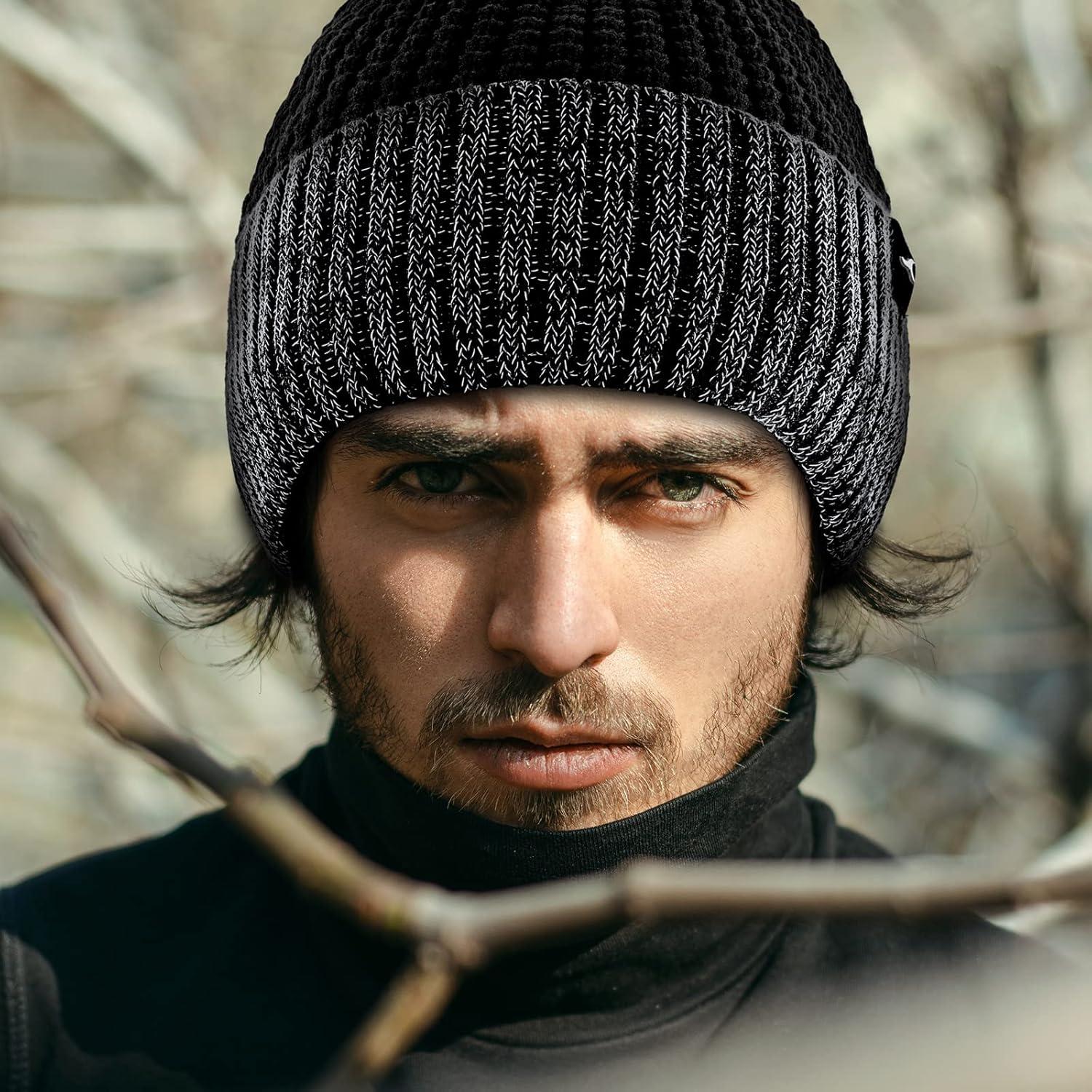 imageAchiou Winter Reflective Beanie Hat for Men Women Warm Cuffed Winter Knit Hat Cap for Running Outdoor Sports High VisibilityBlack