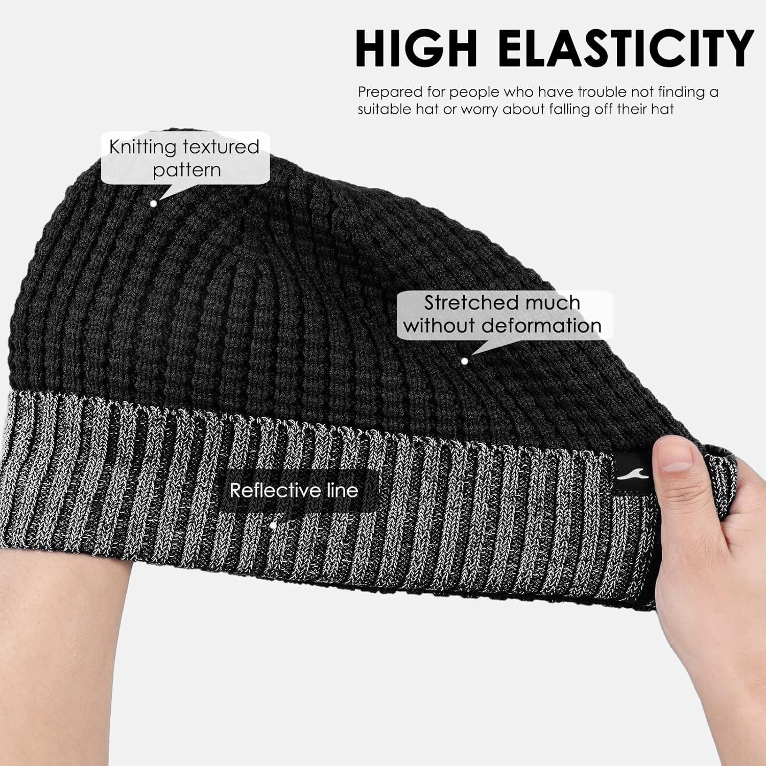 imageAchiou Winter Reflective Beanie Hat for Men Women Warm Cuffed Winter Knit Hat Cap for Running Outdoor Sports High VisibilityBlack