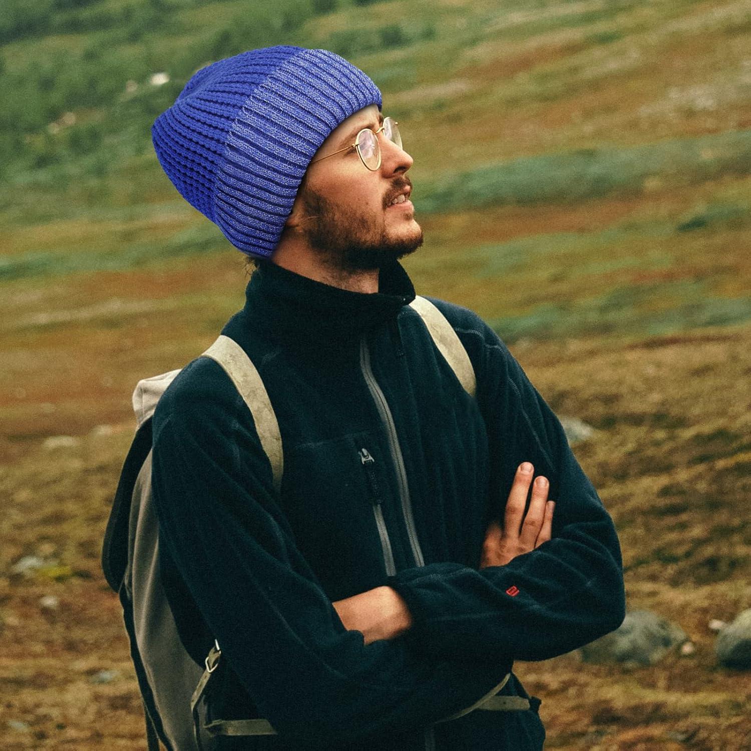imageAchiou Winter Reflective Beanie Hat for Men Women Warm Cuffed Winter Knit Hat Cap for Running Outdoor Sports High VisibilityBlue