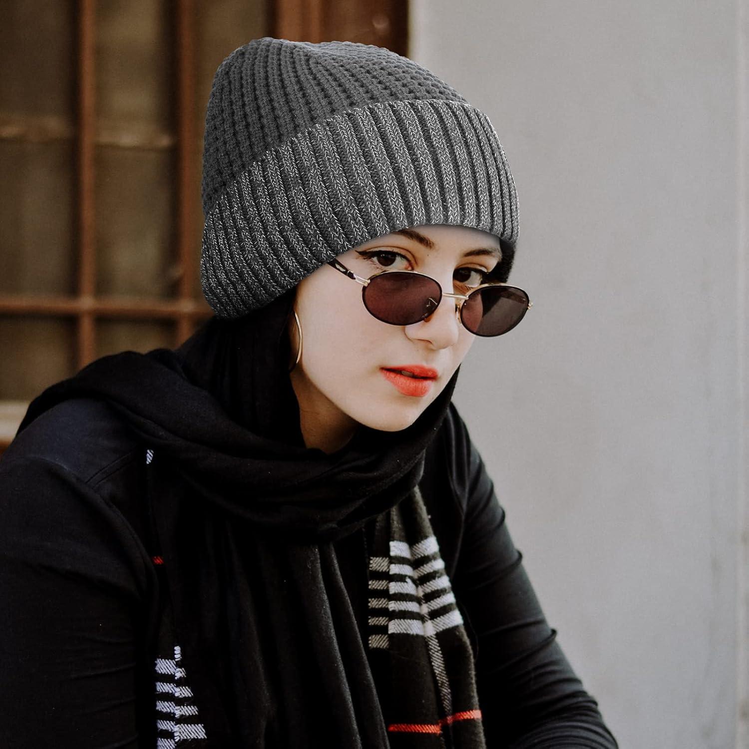 imageAchiou Winter Reflective Beanie Hat for Men Women Warm Cuffed Winter Knit Hat Cap for Running Outdoor Sports High VisibilityGrey