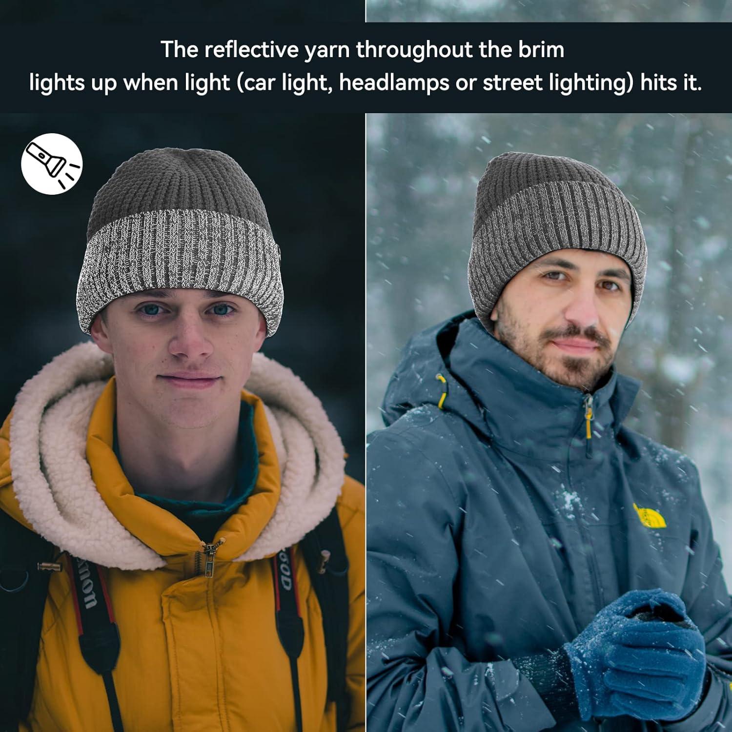 imageAchiou Winter Reflective Beanie Hat for Men Women Warm Cuffed Winter Knit Hat Cap for Running Outdoor Sports High VisibilityGrey