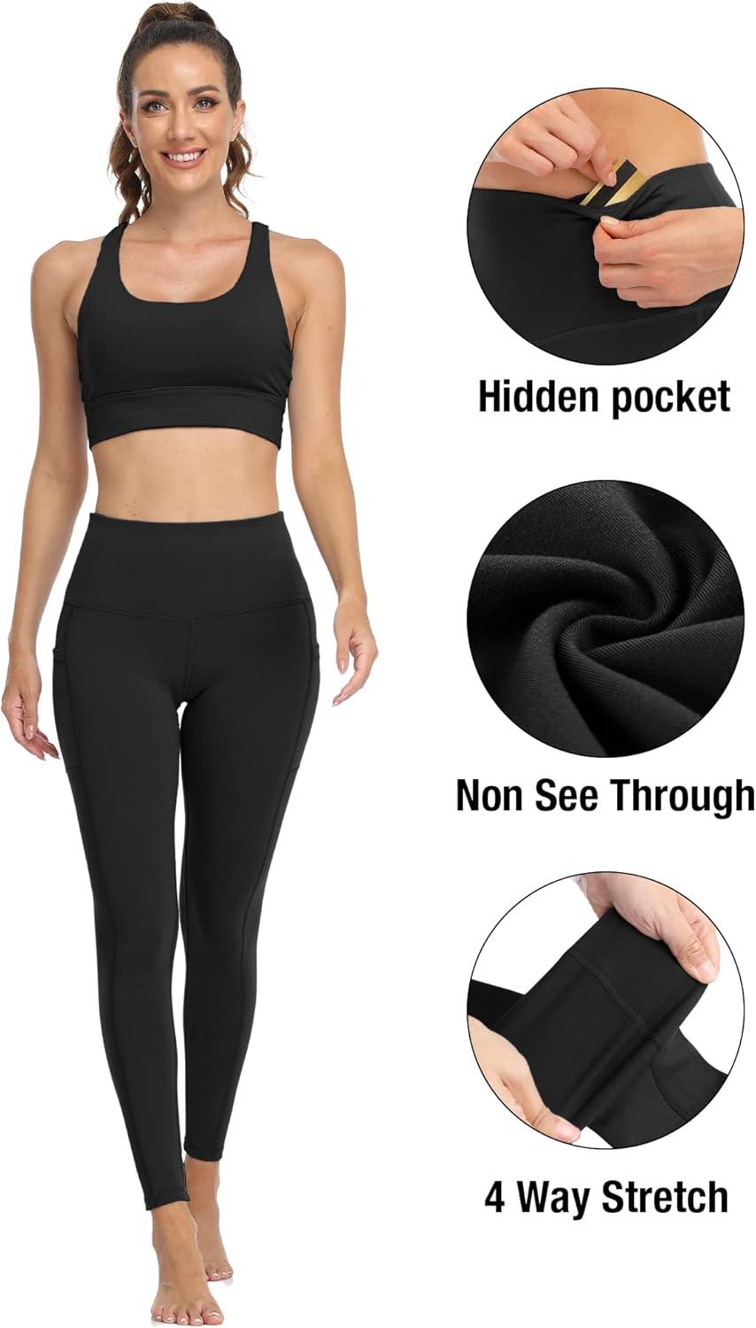 imageLZYVOO 3 Pack Leggings with Pockets for WomenHigh Waisted Workout Tummy Control Yoga Pants BlacDgrayLgrayM