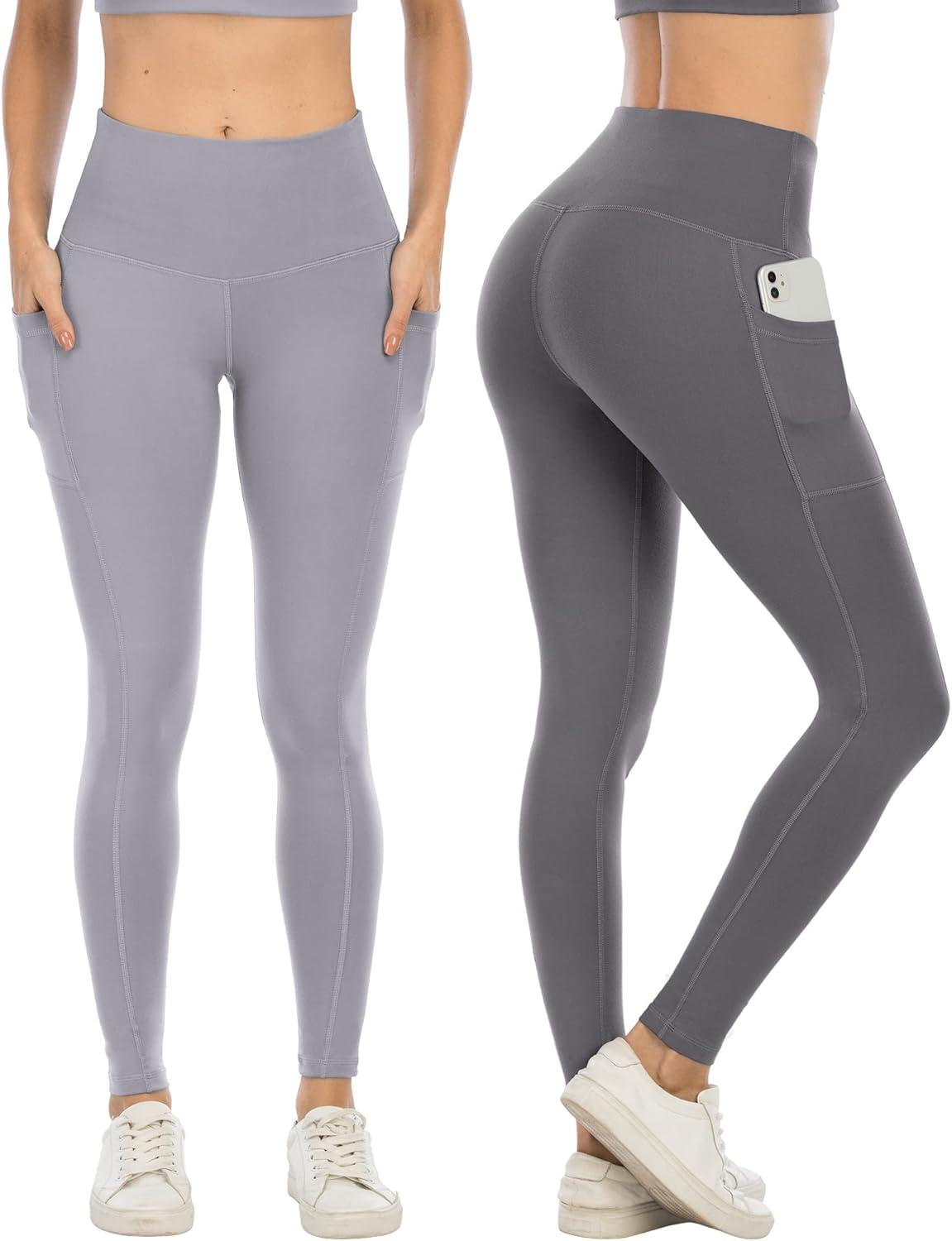 imageLZYVOO 3 Pack Leggings with Pockets for WomenHigh Waisted Workout Tummy Control Yoga Pants BlacDgrayLgrayM