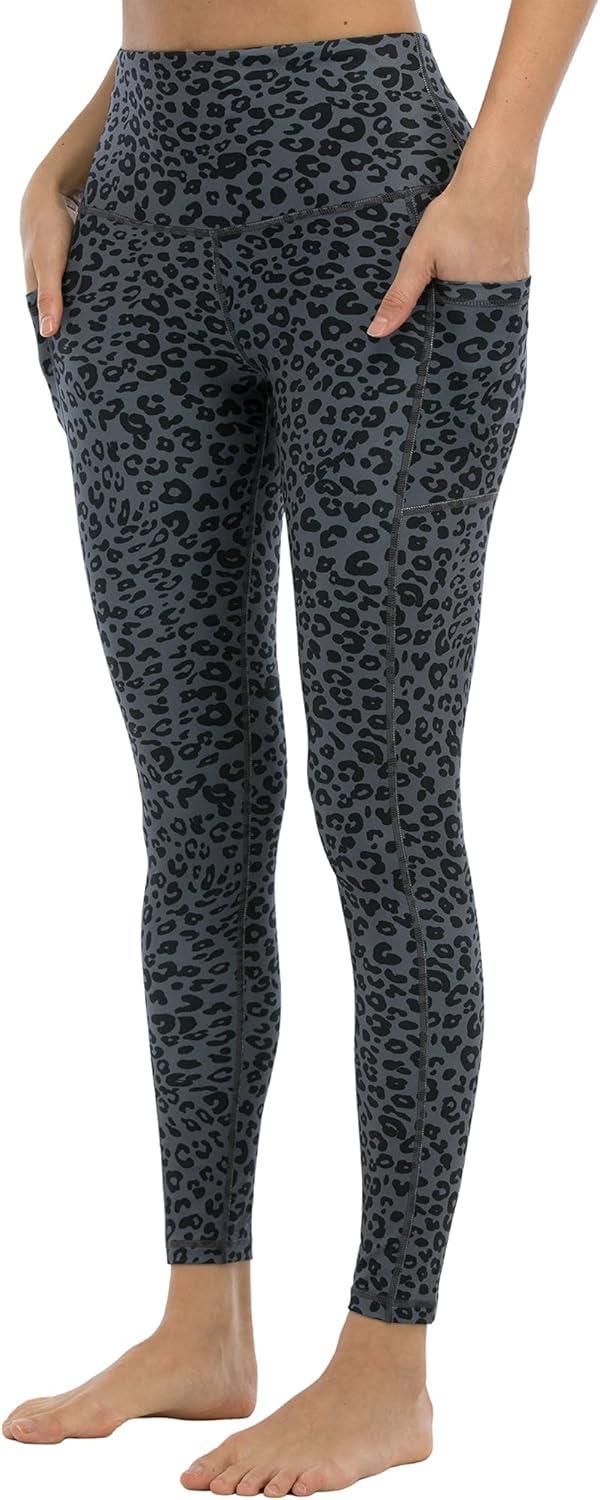 imageLZYVOO 3 Pack Leggings with Pockets for WomenHigh Waisted Workout Tummy Control Yoga Pants BlackBlack LeopardYellow Leopard S