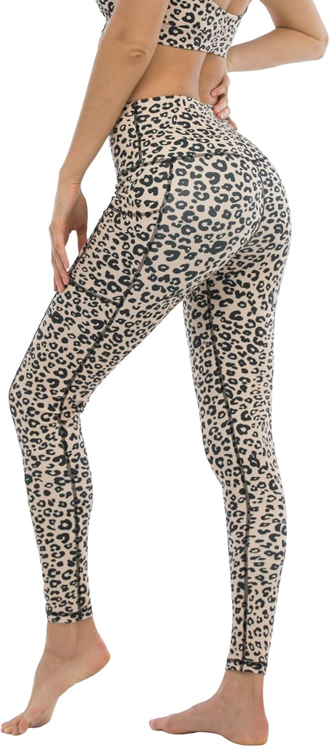 imageLZYVOO 3 Pack Leggings with Pockets for WomenHigh Waisted Workout Tummy Control Yoga Pants BlackBlack LeopardYellow Leopard S