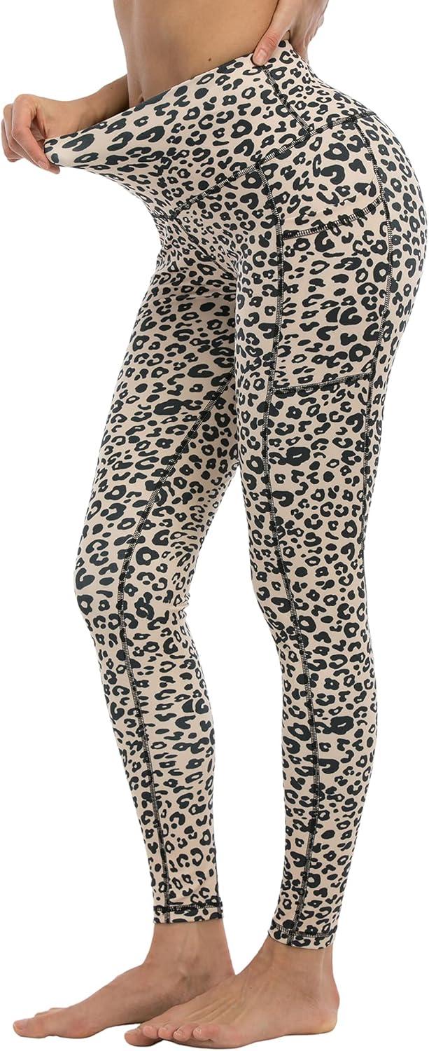 imageLZYVOO 3 Pack Leggings with Pockets for WomenHigh Waisted Workout Tummy Control Yoga Pants BlackBlack LeopardYellow Leopard S