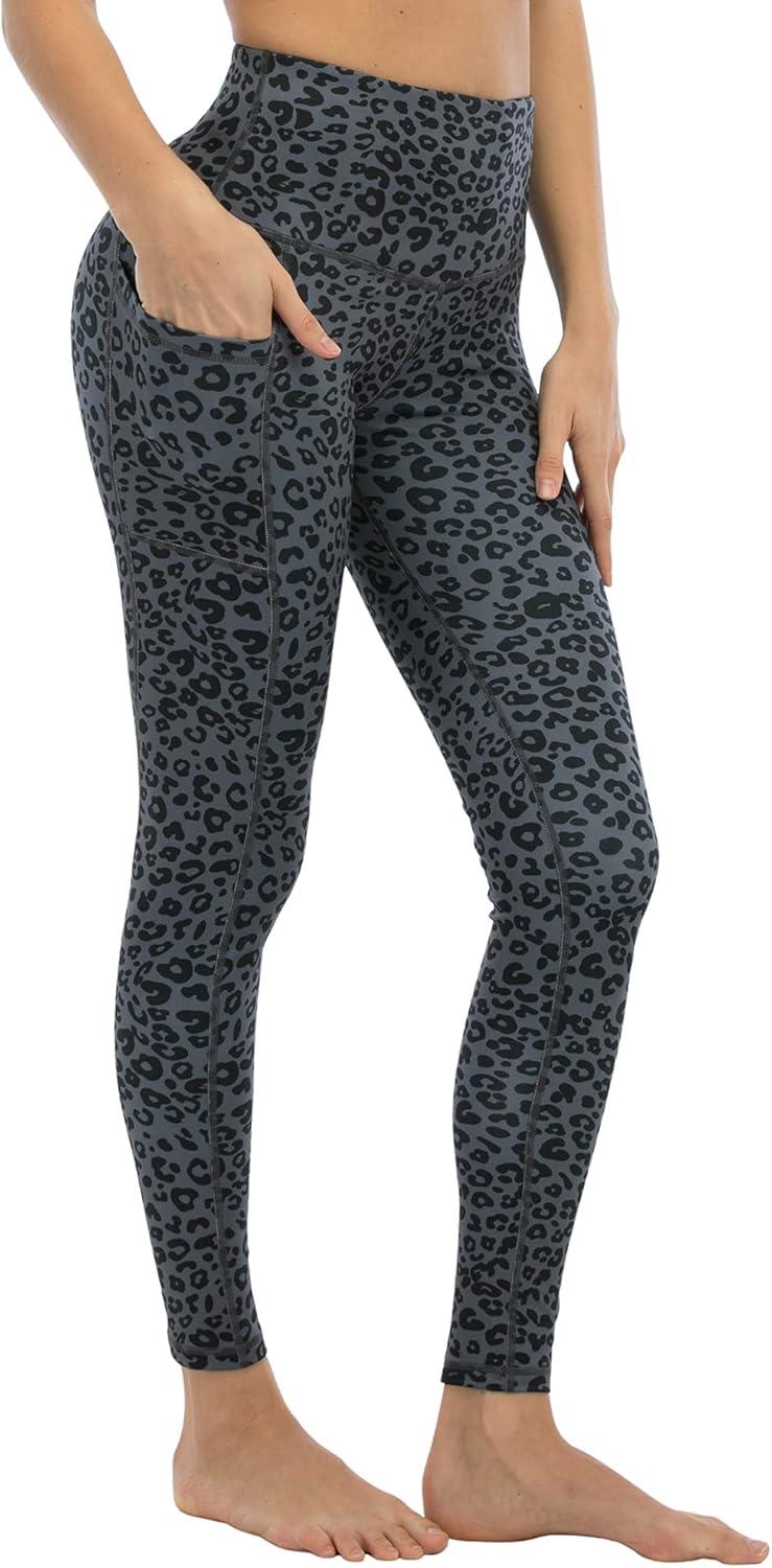 imageLZYVOO 3 Pack Leggings with Pockets for WomenHigh Waisted Workout Tummy Control Yoga Pants BlackBlack LeopardYellow Leopard S