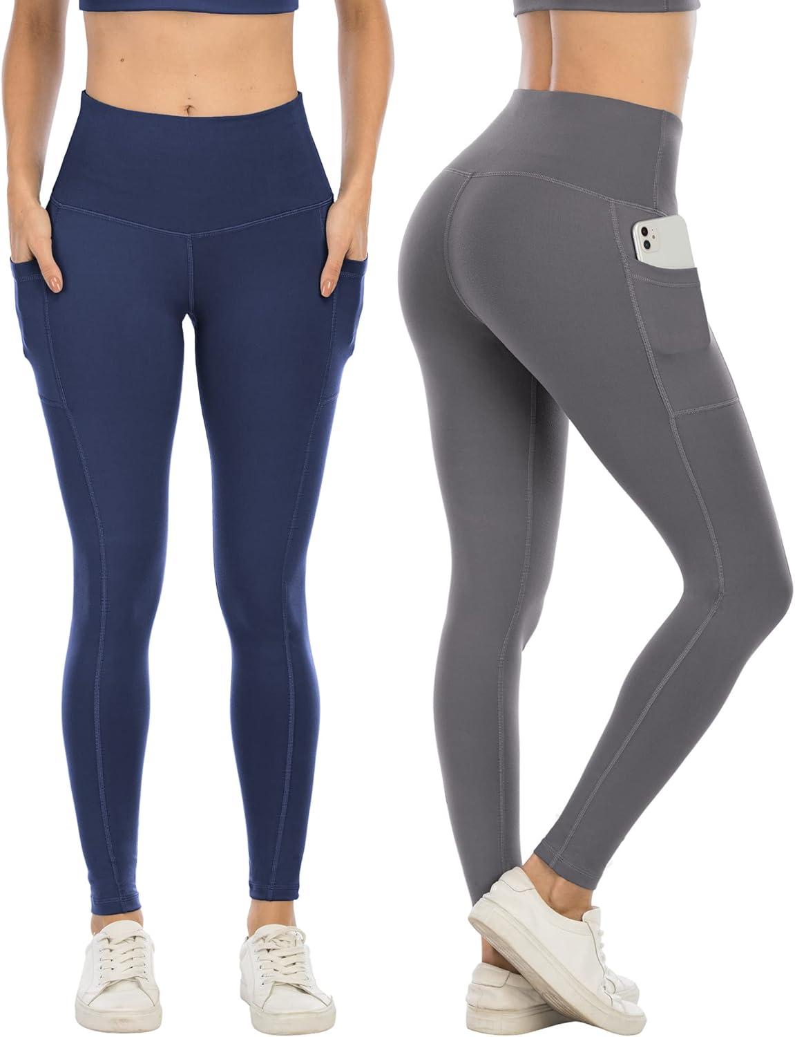 imageLZYVOO 3 Pack Leggings with Pockets for WomenHigh Waisted Workout Tummy Control Yoga Pants BlackDgrayNavM