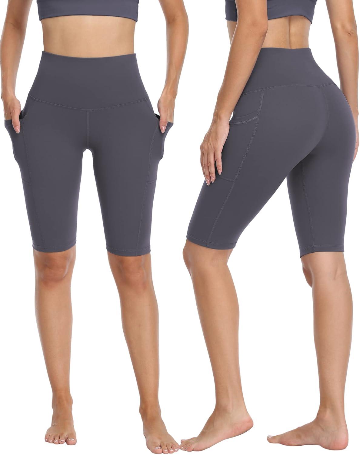 imageLZYVOO 4 Pack Womens Biker Shorts with Pockets High Waist Workout Yoga Shorts for WomenBlacDgreyNavBurXL