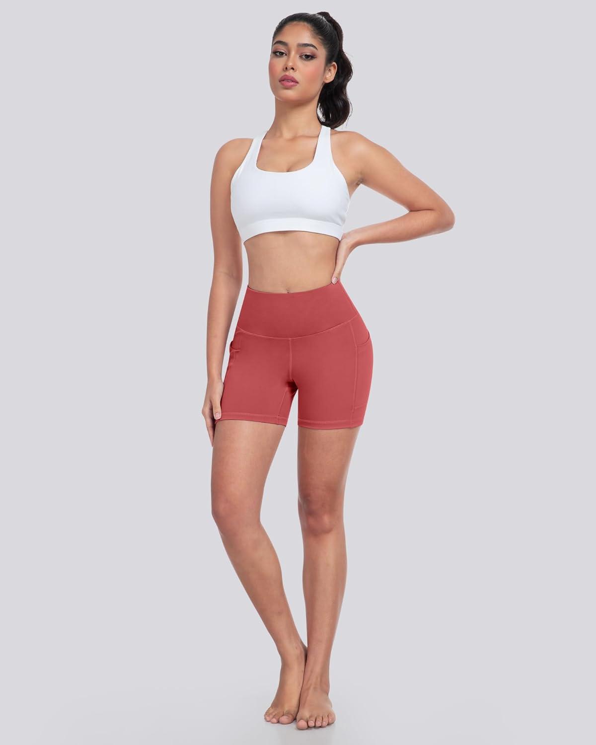 imageLZYVOO Biker Spandex Shorts Women High Waisted Tummy Control Workout Yoga Shorts with Pockets5packs BlackCrimson LakeKale GreenBlueWhite