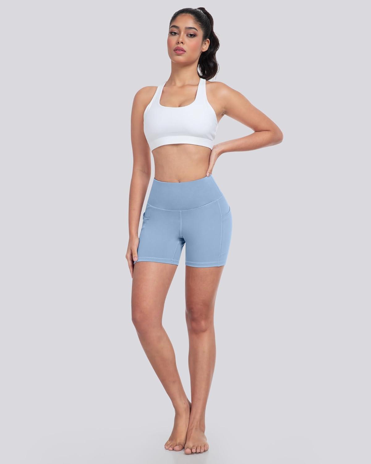 imageLZYVOO Biker Spandex Shorts Women High Waisted Tummy Control Workout Yoga Shorts with Pockets5packs BlackDark GrayBluePinkGreen