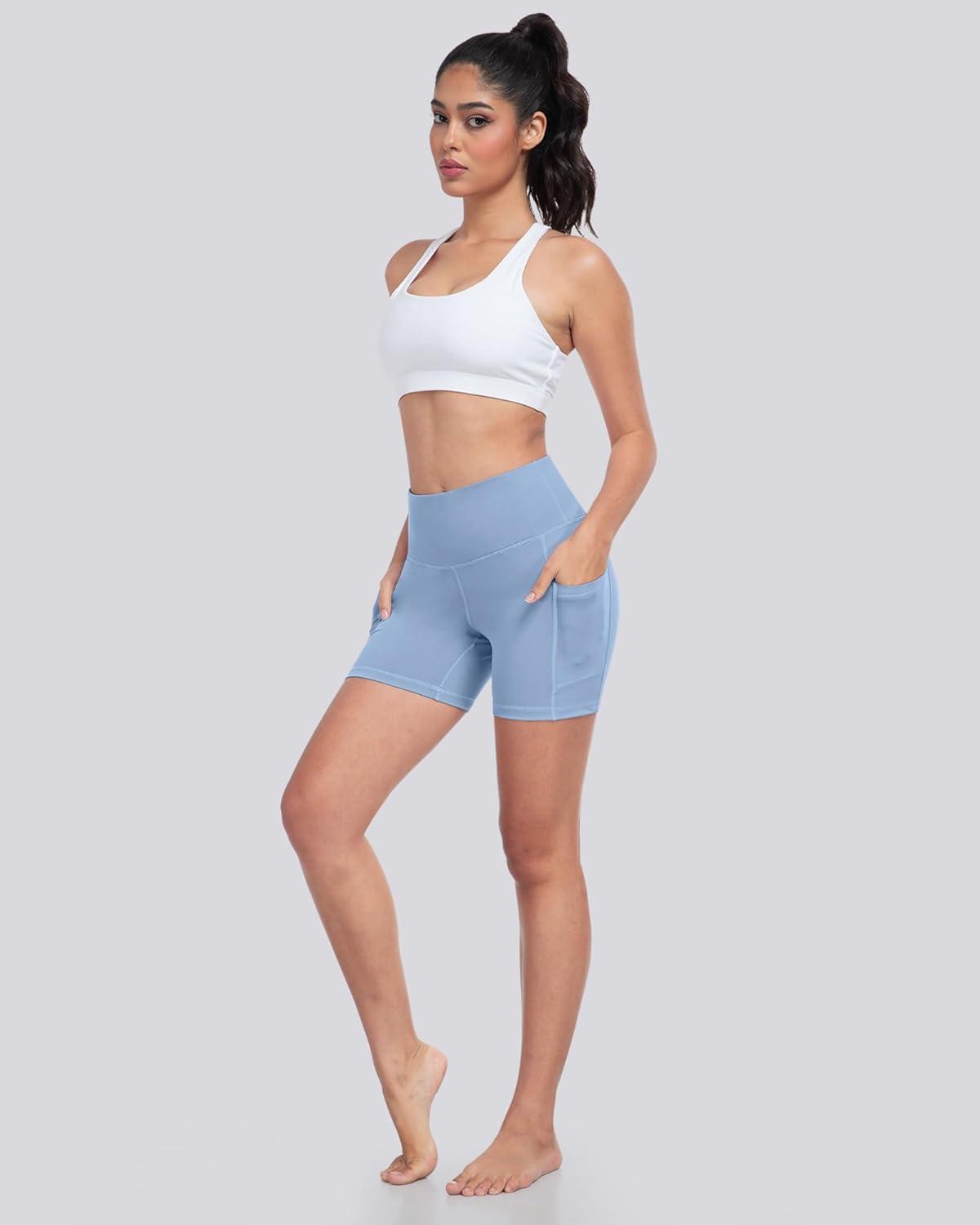 imageLZYVOO Biker Spandex Shorts Women High Waisted Tummy Control Workout Yoga Shorts with Pockets5packs BlackDark GrayBluePinkGreen