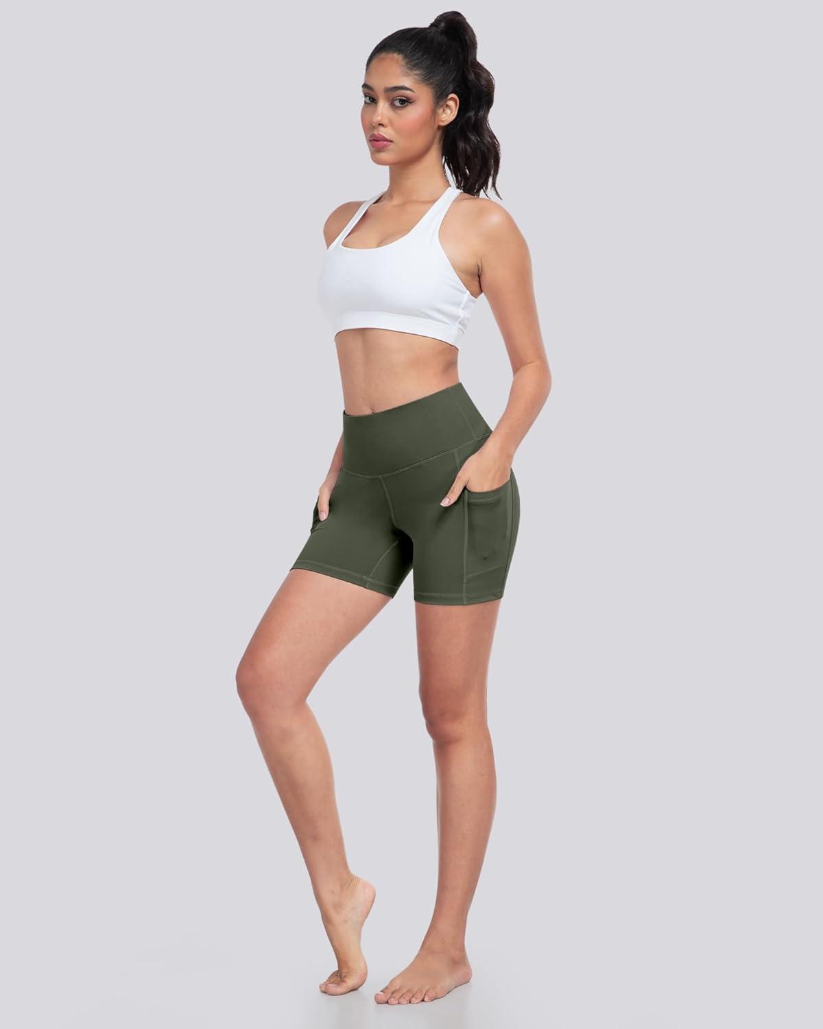 imageLZYVOO Biker Spandex Shorts Women High Waisted Tummy Control Workout Yoga Shorts with Pockets5packs BlackNavyArmy GreenDark GrayWhite