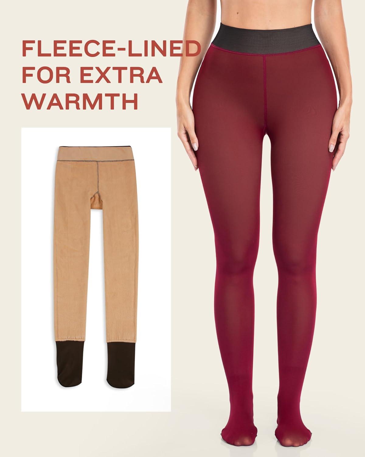 imageLZYVOO Fleece Lined Winter Tights Women Fake Translucent Warm Pantyhose Sheer Thick Thermal Tights LeggingsWine
