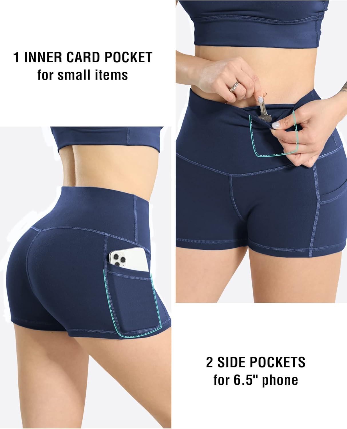 imageLZYVOO Spandex Shorts for Women with PocketsWomens High Waisted Yoga Workout Booty Shorts3quot NavyM