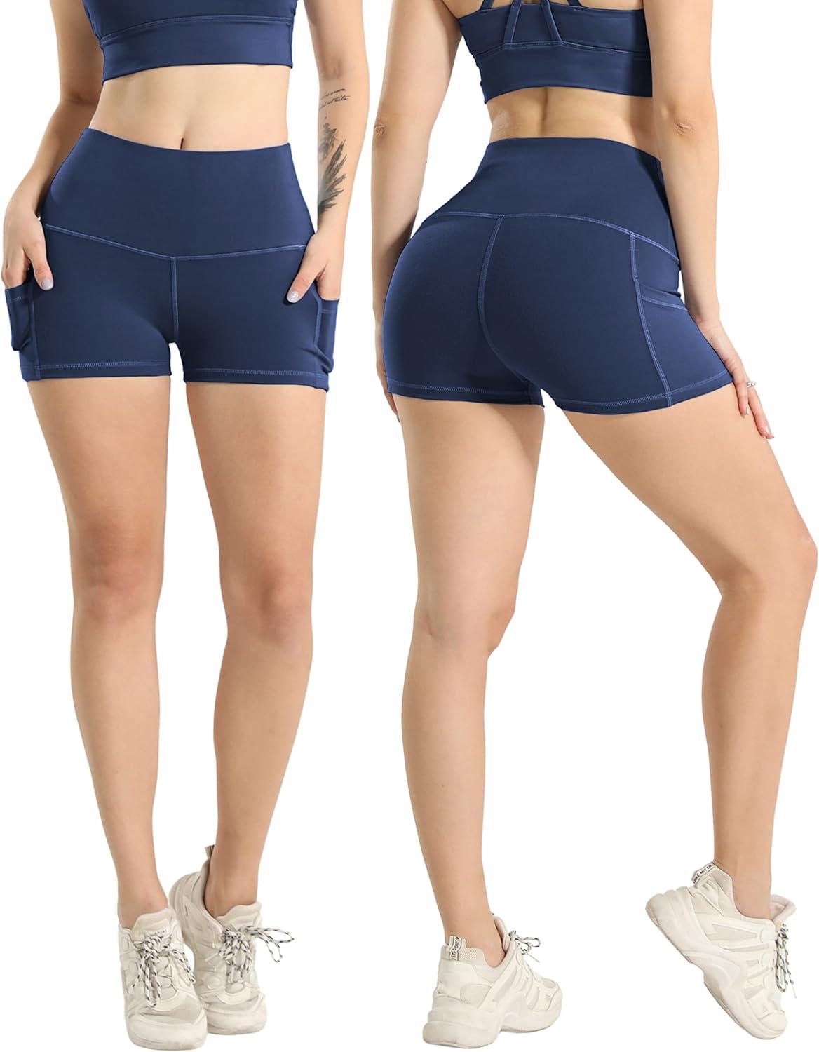 imageLZYVOO Spandex Shorts for Women with PocketsWomens High Waisted Yoga Workout Booty Shorts3quot NavyM