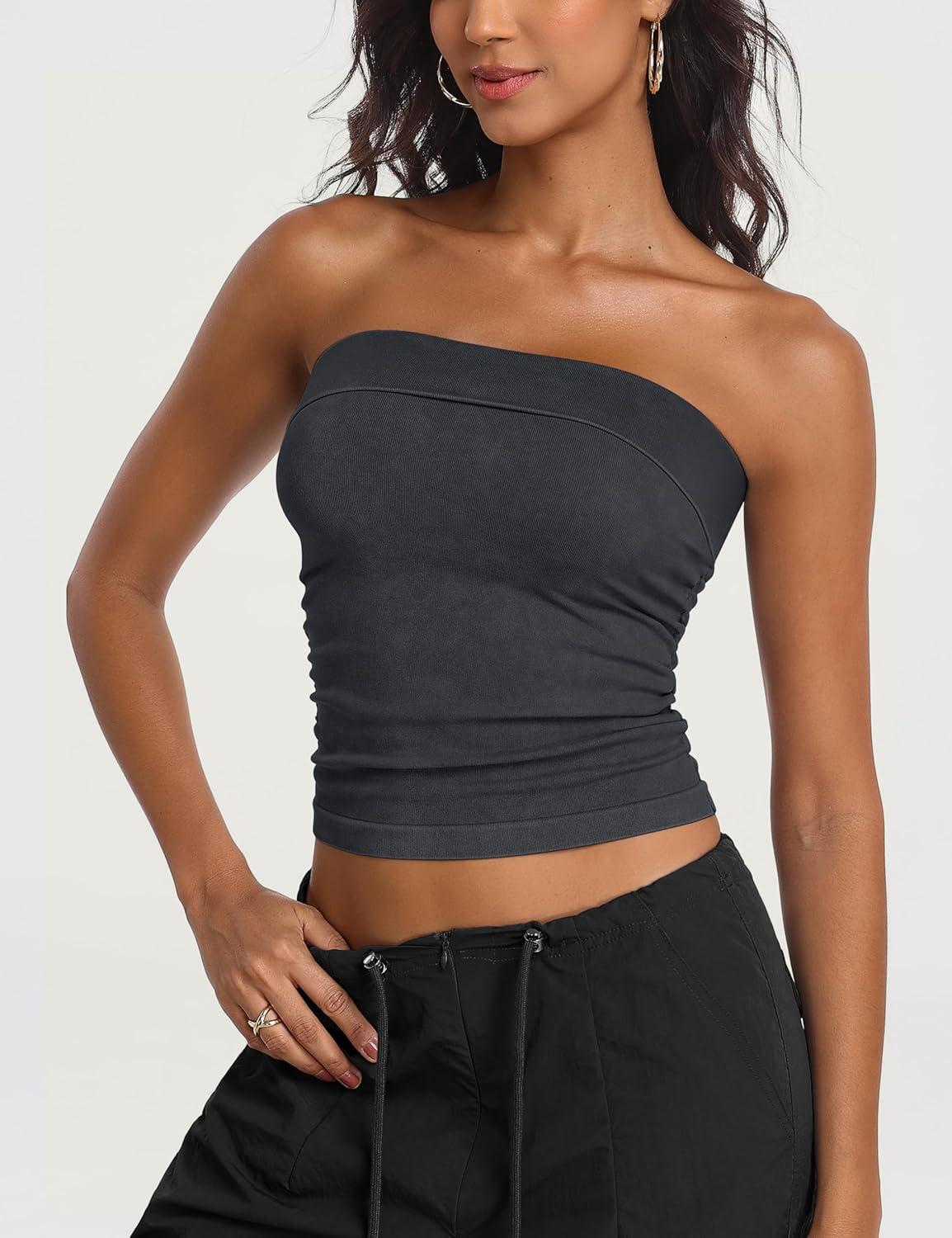 imageOLCHEE Womens 2PK Tube Tops Off Shoulder Seamless Ribbed Strapless Sleeveless Side Ruched Slim Fitted Summer Going Out TopAcid Wash Black Cream