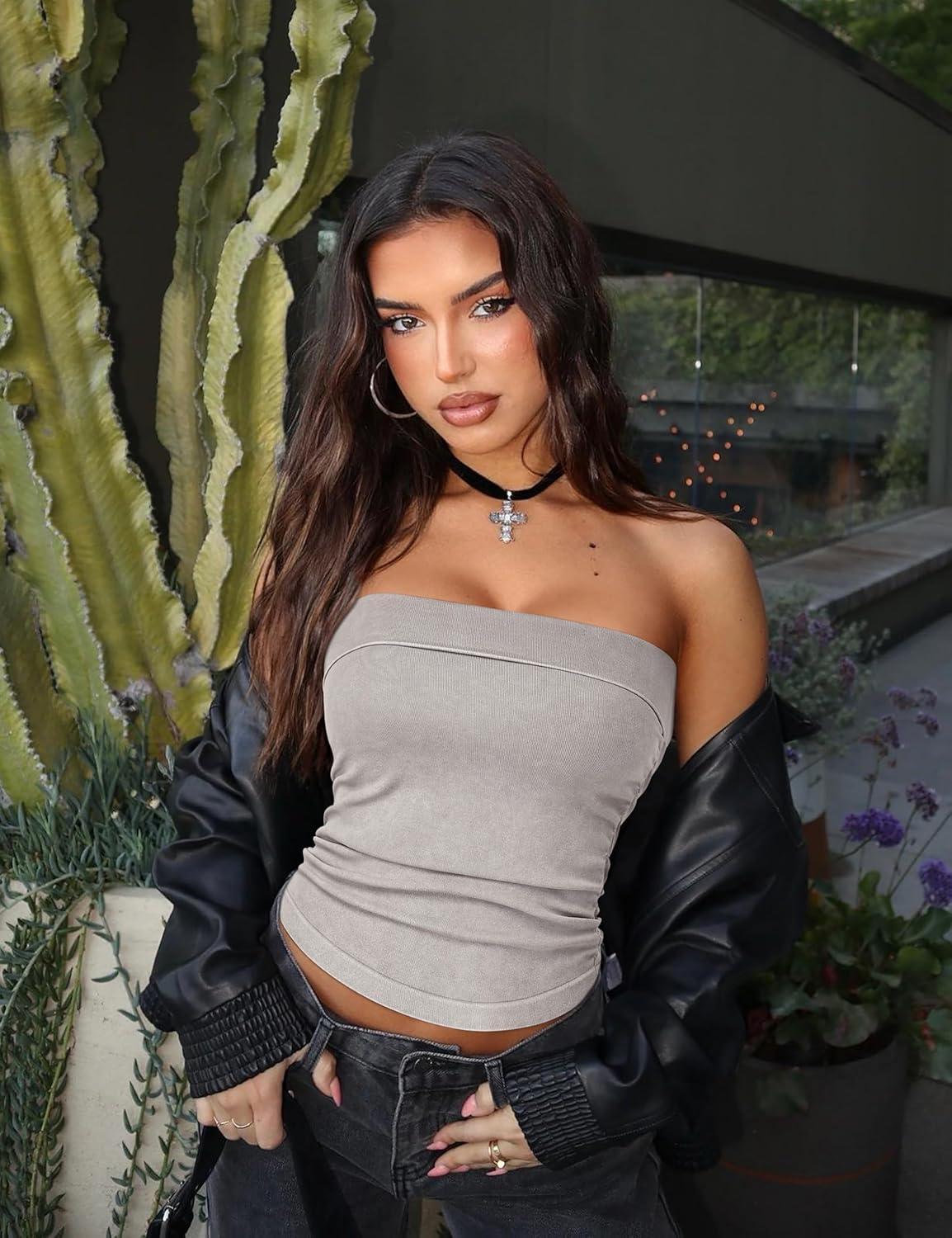 imageOLCHEE Womens 2PK Tube Tops Off Shoulder Seamless Ribbed Strapless Sleeveless Side Ruched Slim Fitted Summer Going Out TopAcid Wash Black Cream