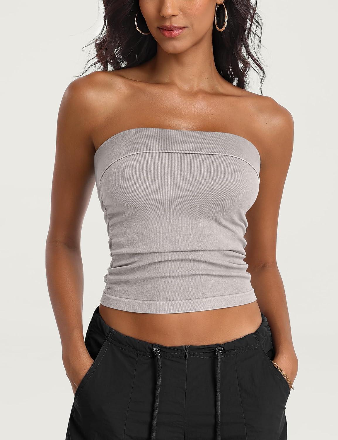 imageOLCHEE Womens 2PK Tube Tops Off Shoulder Seamless Ribbed Strapless Sleeveless Side Ruched Slim Fitted Summer Going Out TopAcid Wash Black Cream