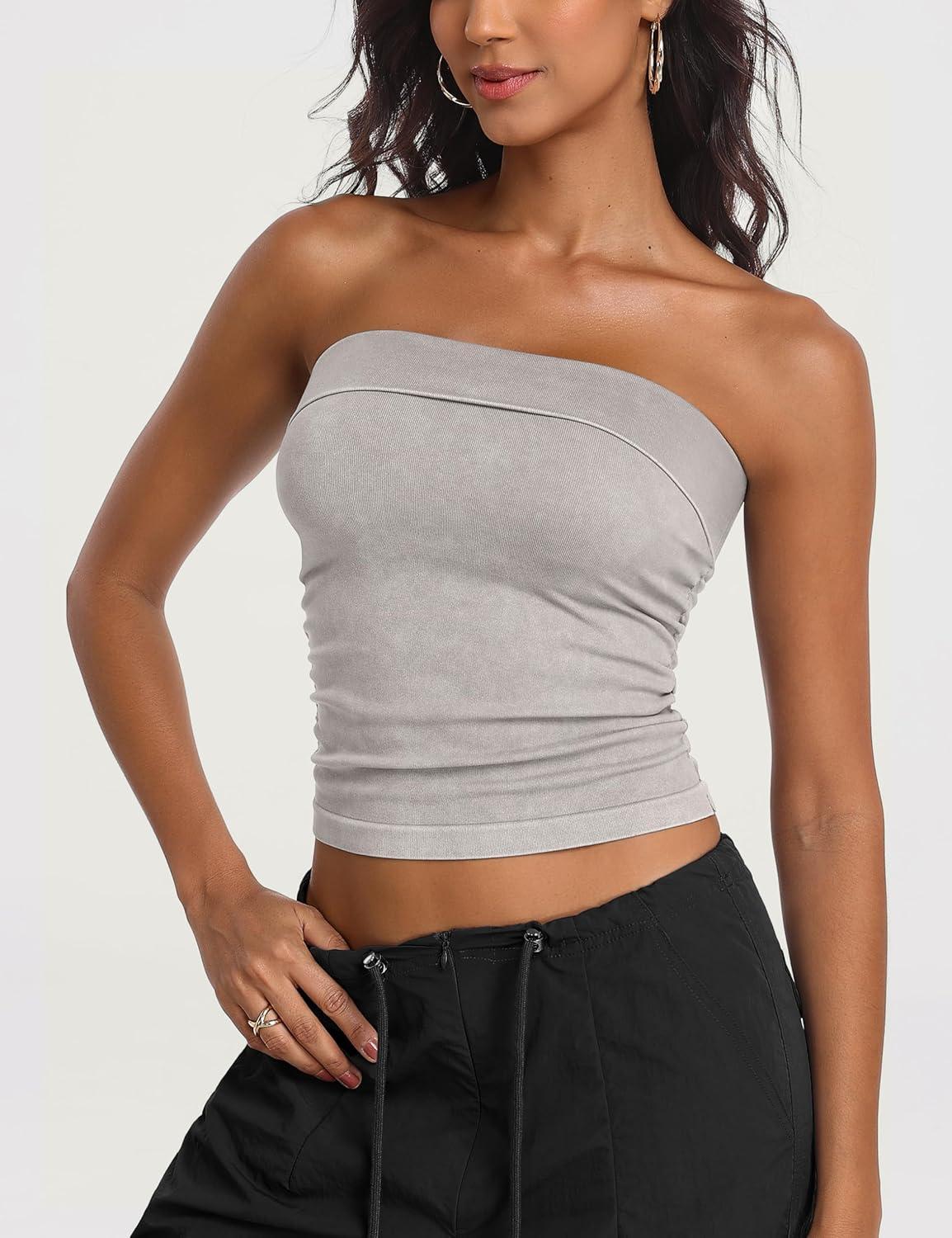 imageOLCHEE Womens 2PK Tube Tops Off Shoulder Seamless Ribbed Strapless Sleeveless Side Ruched Slim Fitted Summer Going Out TopAcid Wash Grey Cream