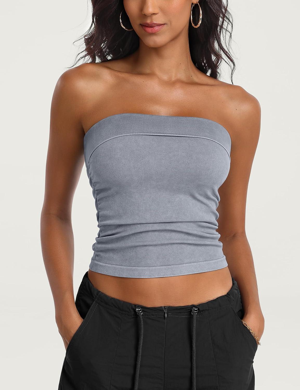 imageOLCHEE Womens 2PK Tube Tops Off Shoulder Seamless Ribbed Strapless Sleeveless Side Ruched Slim Fitted Summer Going Out TopAcid Wash Grey Cream