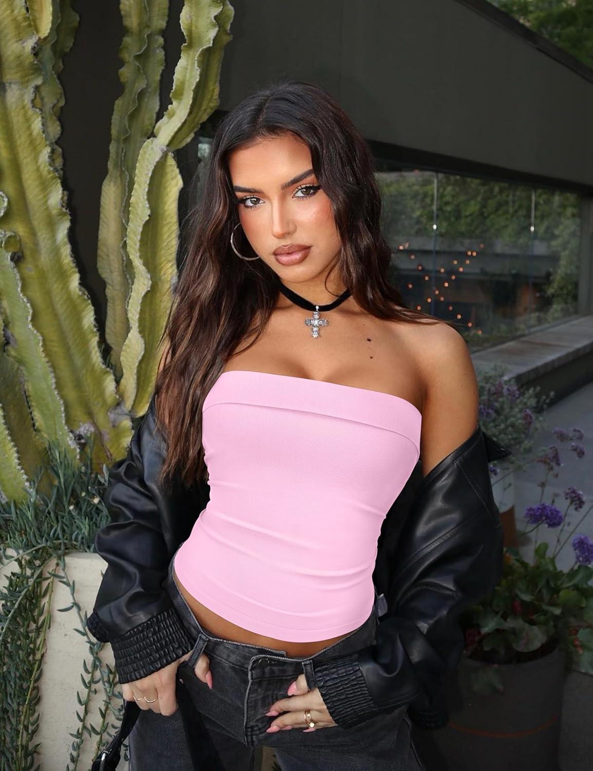 imageOLCHEE Womens 2PK Tube Tops Off Shoulder Seamless Ribbed Strapless Sleeveless Side Ruched Slim Fitted Summer Going Out TopWhite Light Pink